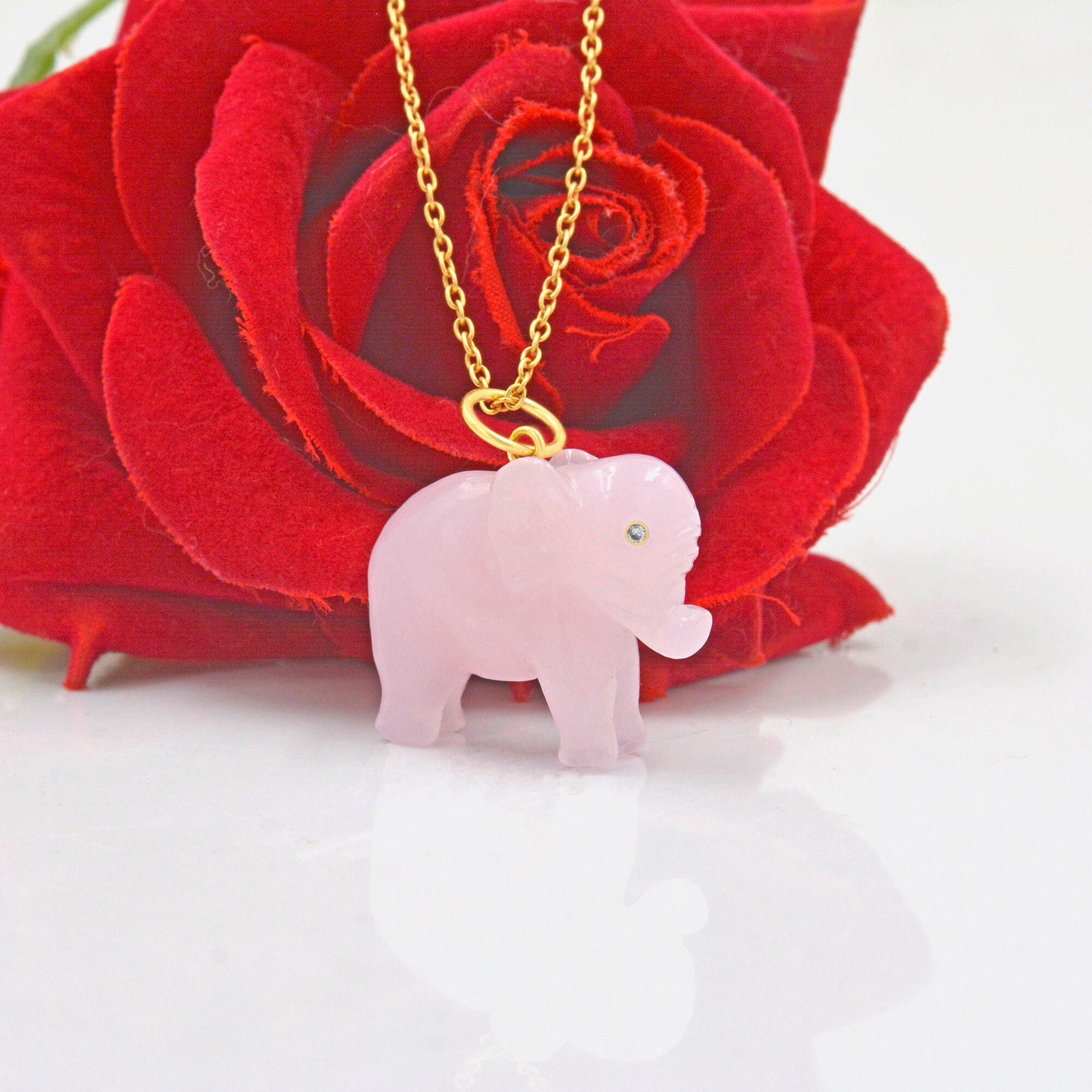 14k Gold Carved Gemstone Elephant Pendant - Coral or Druzy Charm - View 6 - Suren Jewels | SKU: SJP1165-SLYGRQ