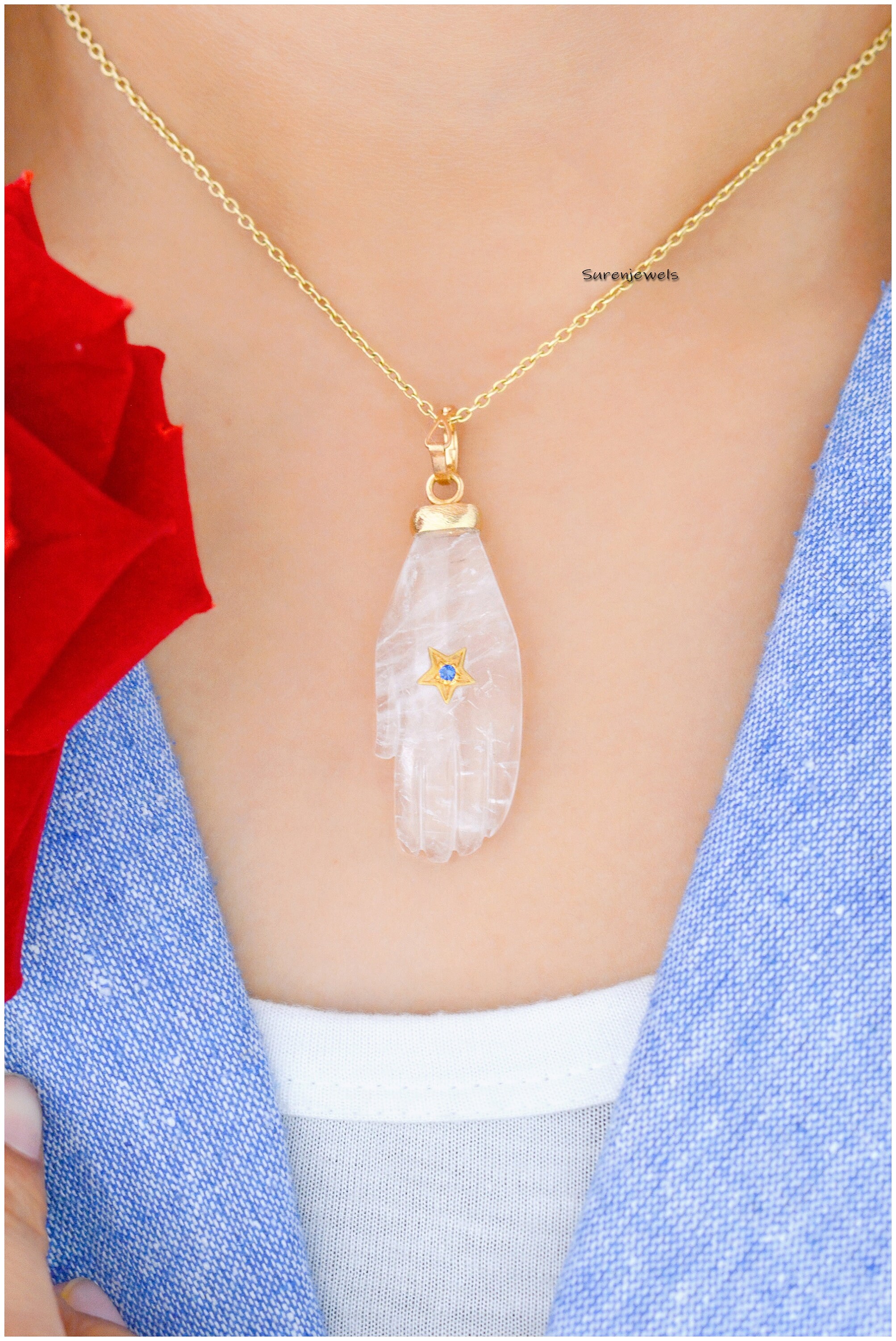 14K Gold Turquoise Figa Hand Pendant: Gemstone Hamsa Charm - View 5 - Suren Jewels | SKU: SJP1059-SLNSBOWT-25M