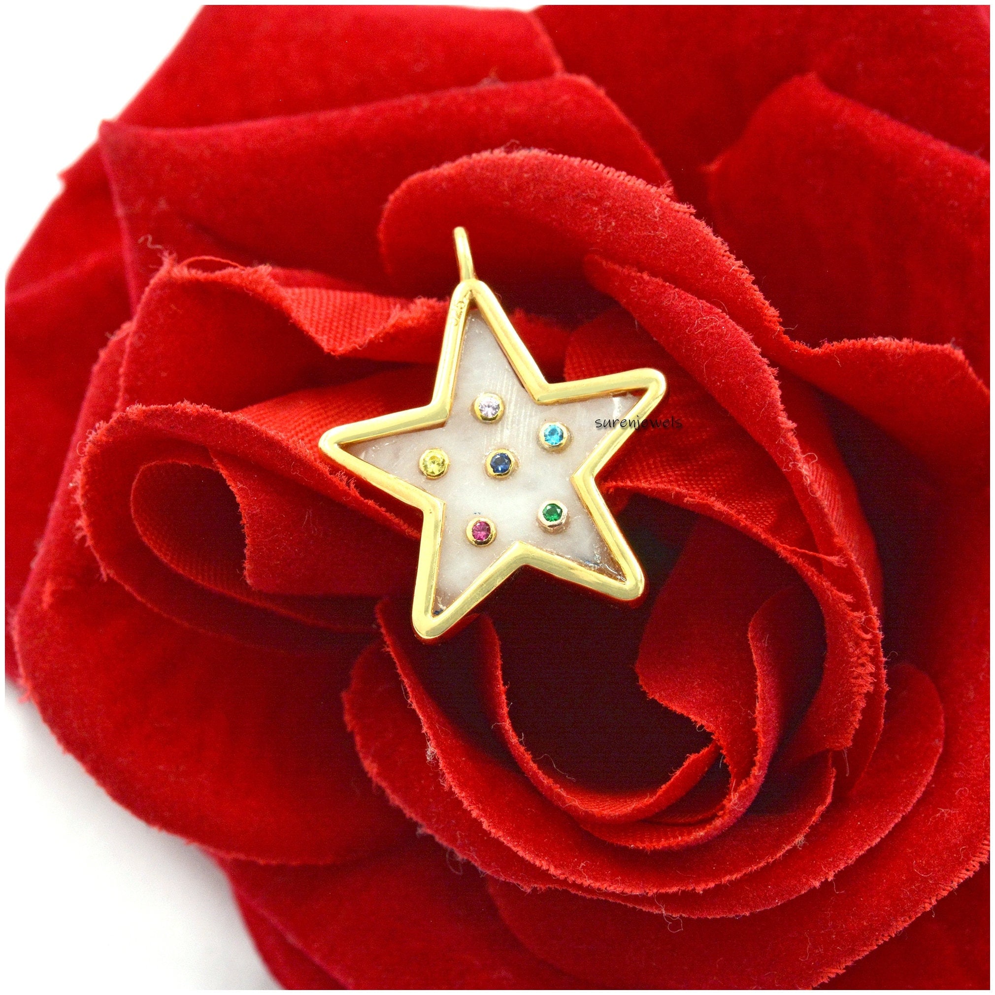 14k Gold Carved Multi Gemstone Star Pendant: Malachite, Lapis, Turquoise - View 2 - Suren Jewels | SKU: SJp1303