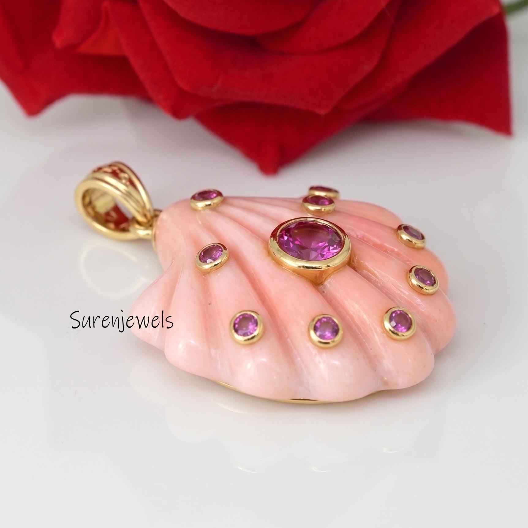 14K Yellow Gold Hand Carving Designer Shell Pendant, All Gemstone Carved Shell Charm Pendant, Gemstone Shell Jewelry, Trendy