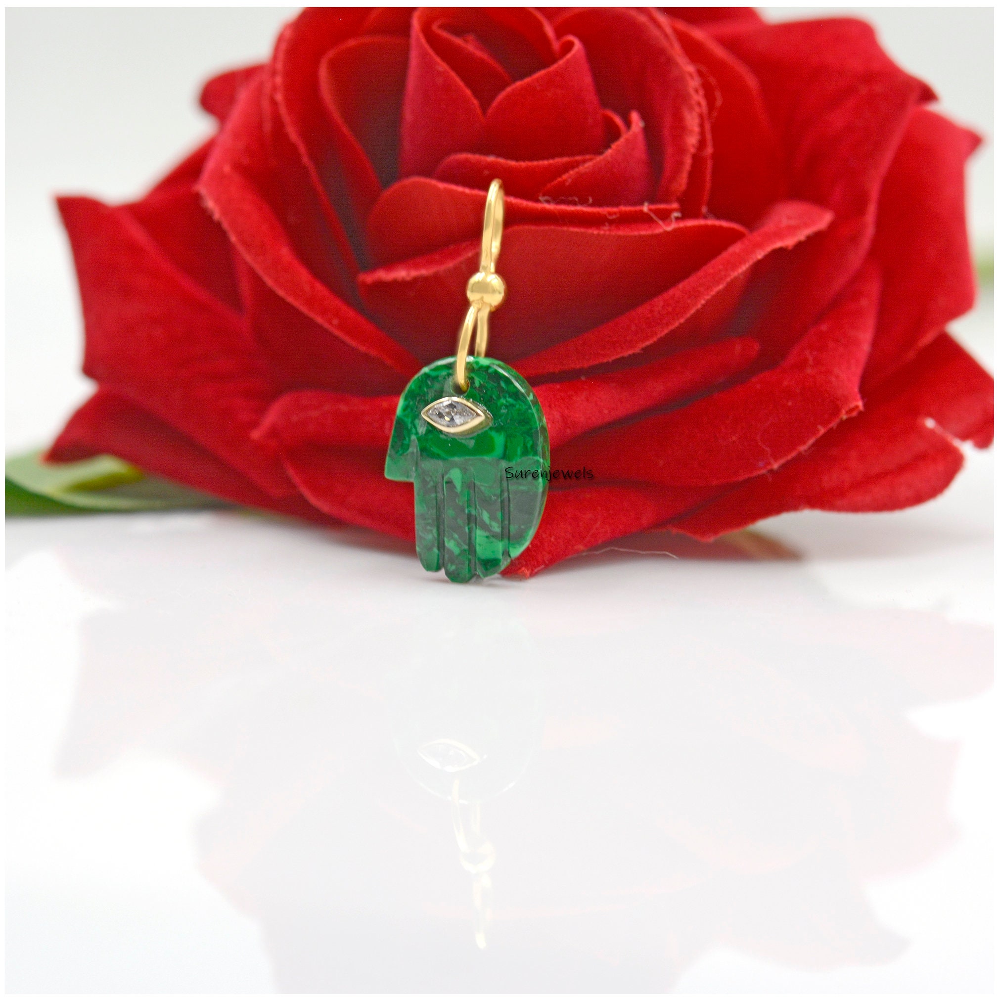 Handmade Malachite Hamsa Pendant: 14k Gold Gemstone Charm - View 2 - Suren Jewels | SKU: SJP1091-SLYGTQWT-25M