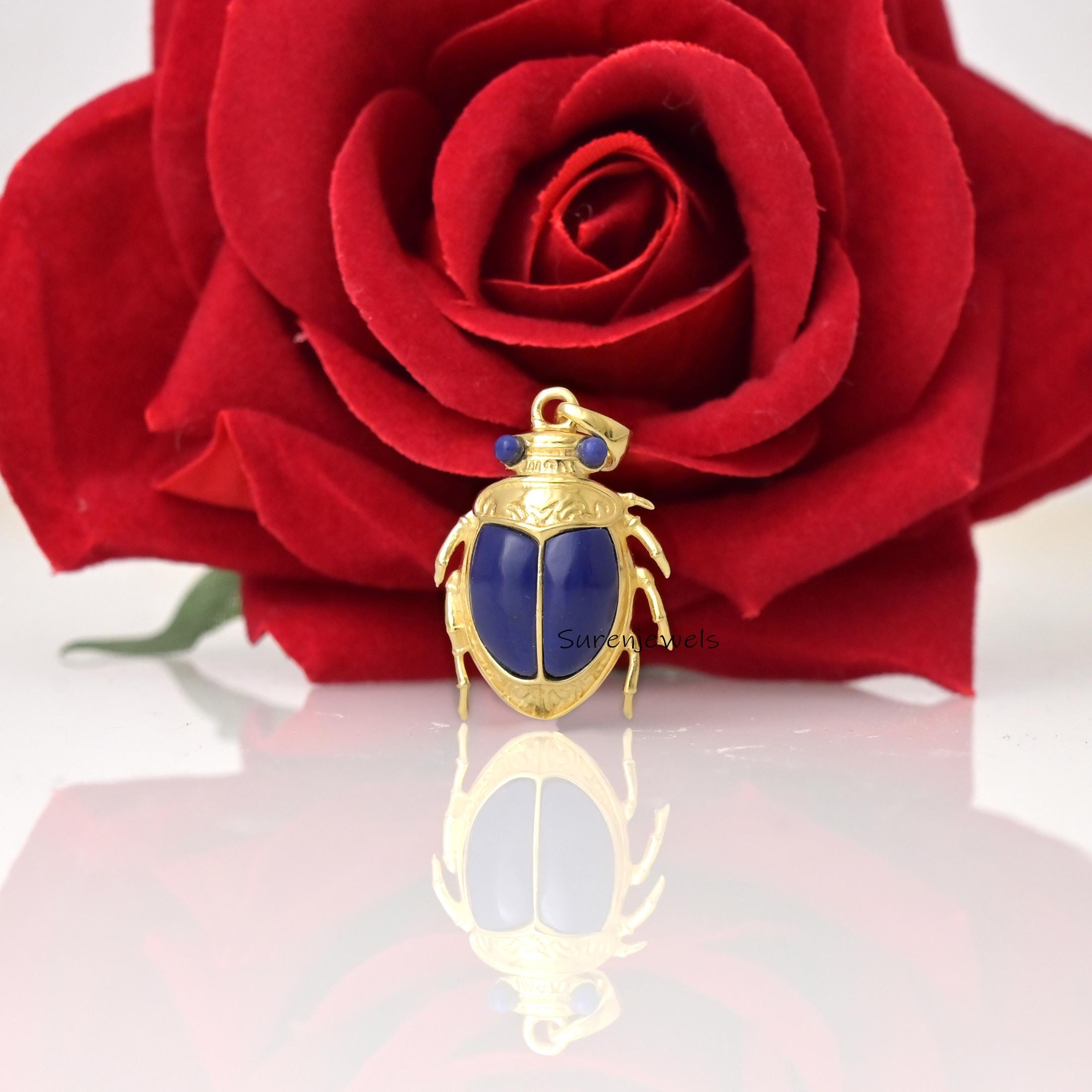 14K Gold Scarab Pendant, Egyptian Beetle Charm, Hand Carved Amulet - View 2 - Suren Jewels | SKU: SJP5170-SLYGLPZ-30M