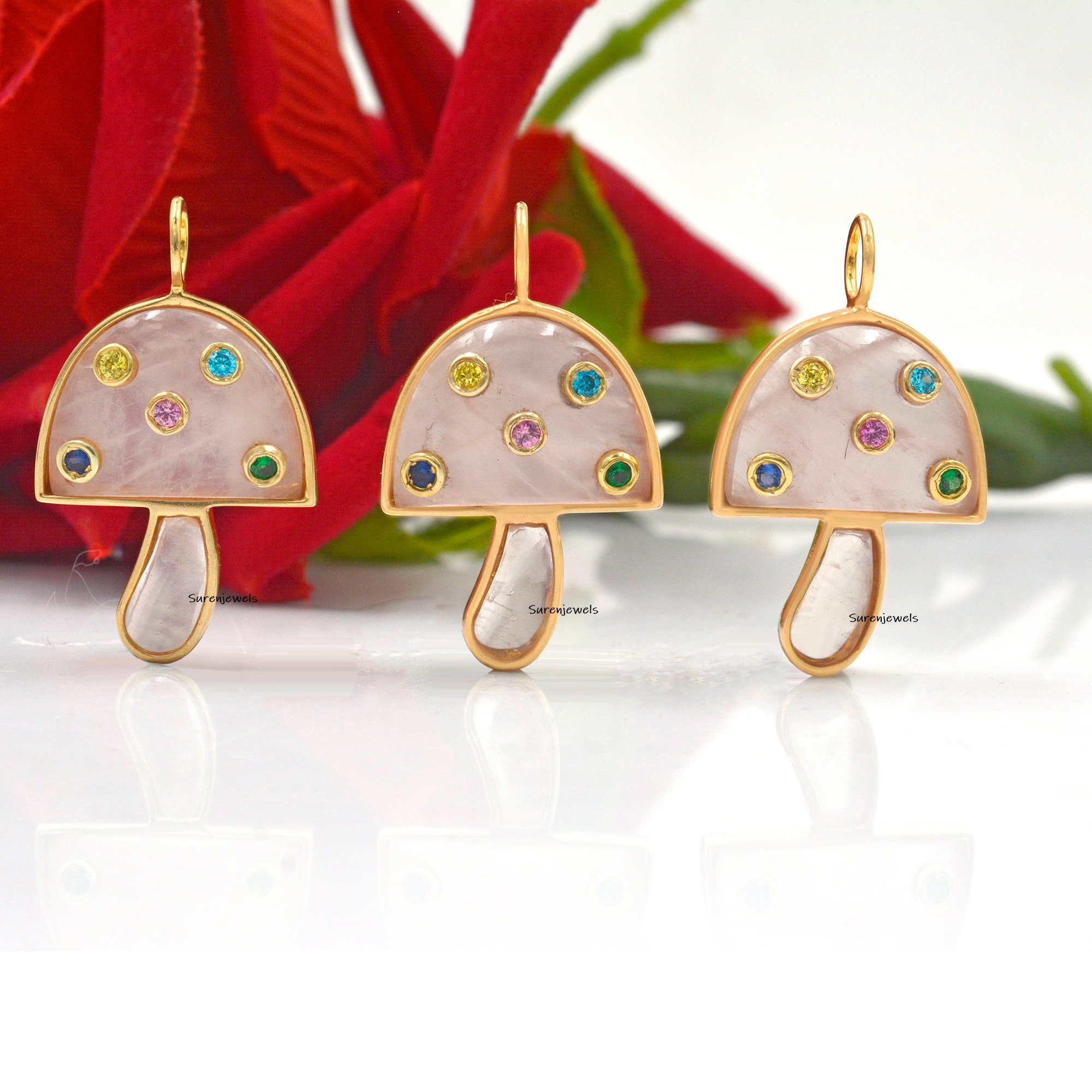 14K Gold Rose Quartz Mushroom Pendant: Gemstone Charm - View 3 - Suren Jewels | SKU: SJP980-SLYGPOMTCS