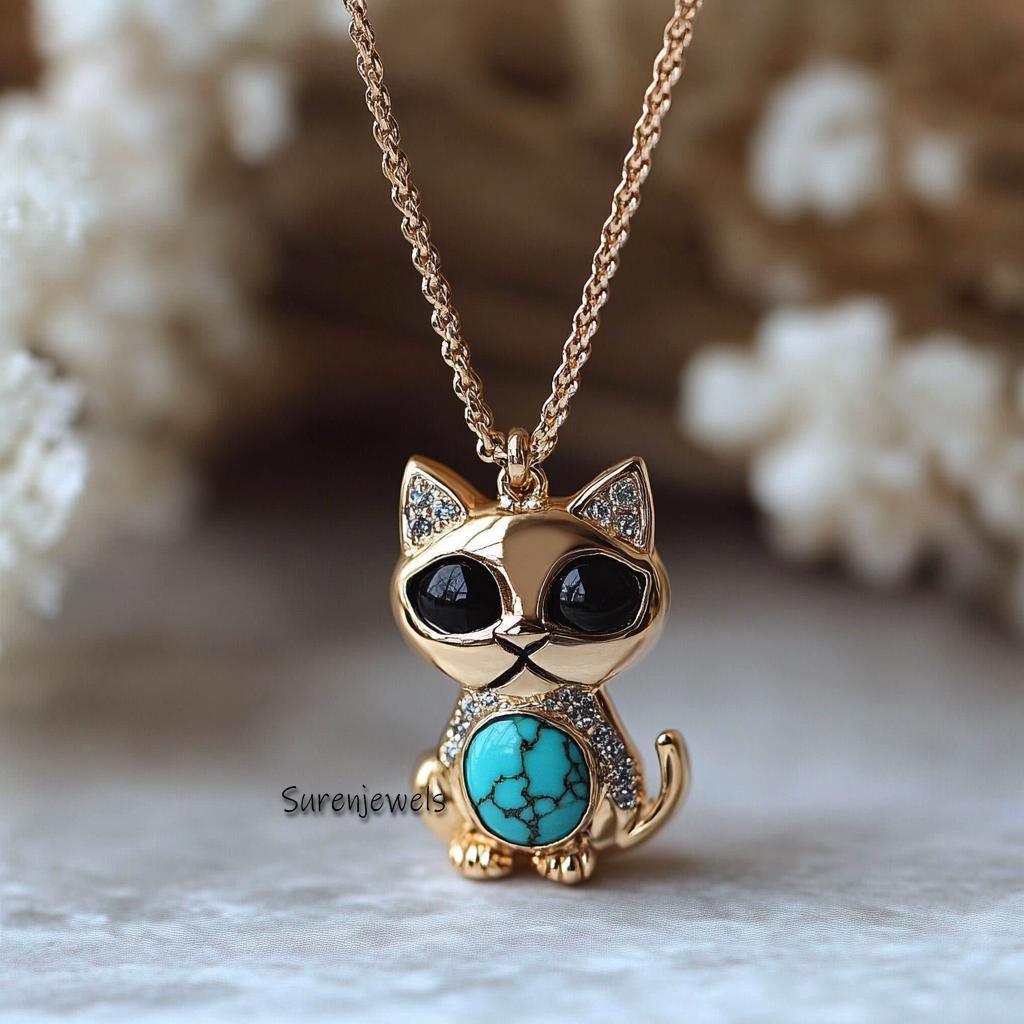 14k Gold Gemstone Cat Pendant: Designer Animal Jewelry - View 3 - Suren Jewels | SKU: SJP4941-SLYGTQCZELBK-15M,SJP4619-SLYGPO
