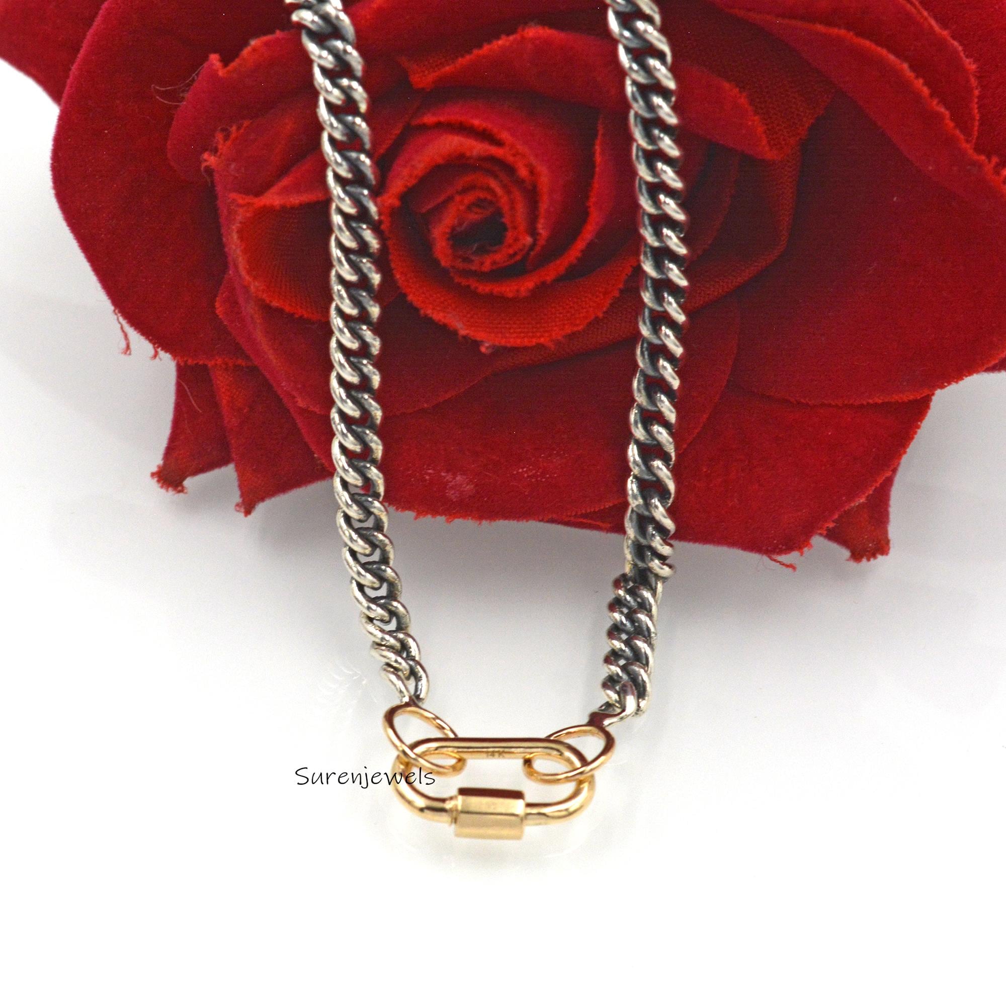Sterling Silver Curb Chain Necklace: Two-Tone Carabiner Clasp, 18 Inch - Suren Jewels | SKU: SJC130/G17