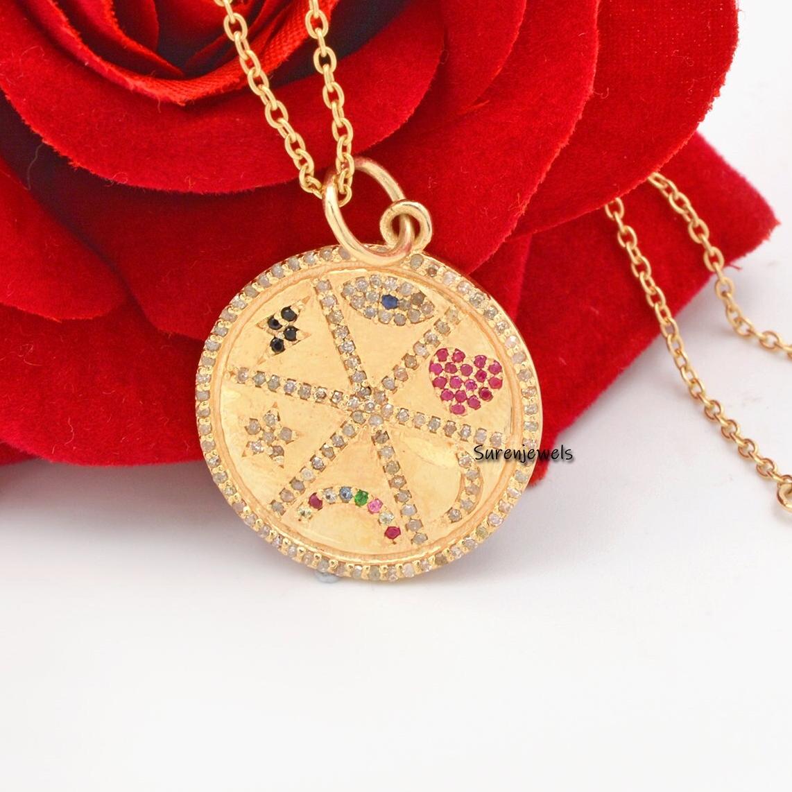 925 Sterling Silver Gemstone Disc Pendant: Diamond Round Charm - View 2 - Suren Jewels | SKU: SJP42-SLYGDIMT