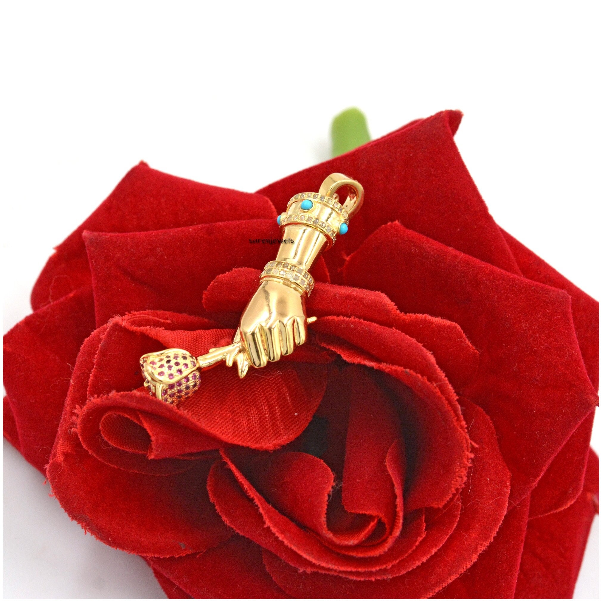 925 Silver Figa Pendant: Diamond, Ruby & Turquoise Gemstone Charm - Suren Jewels | SKU: SJP24-SLYGDITQRU-N41-18I