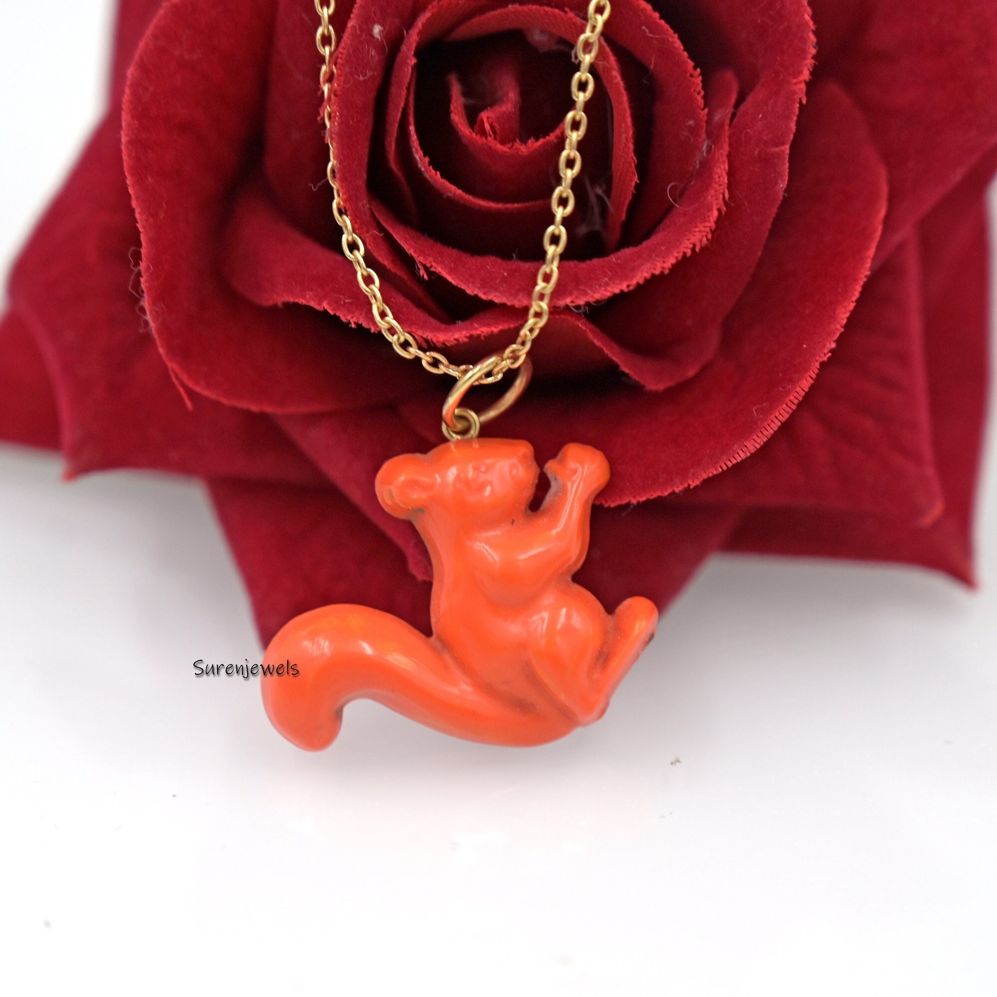 Hand Carving 14k Gold Gemstone Squirrel Pendant, Gemstone Squirrel Pendant - View 5 - Suren Jewels | SKU: SJP