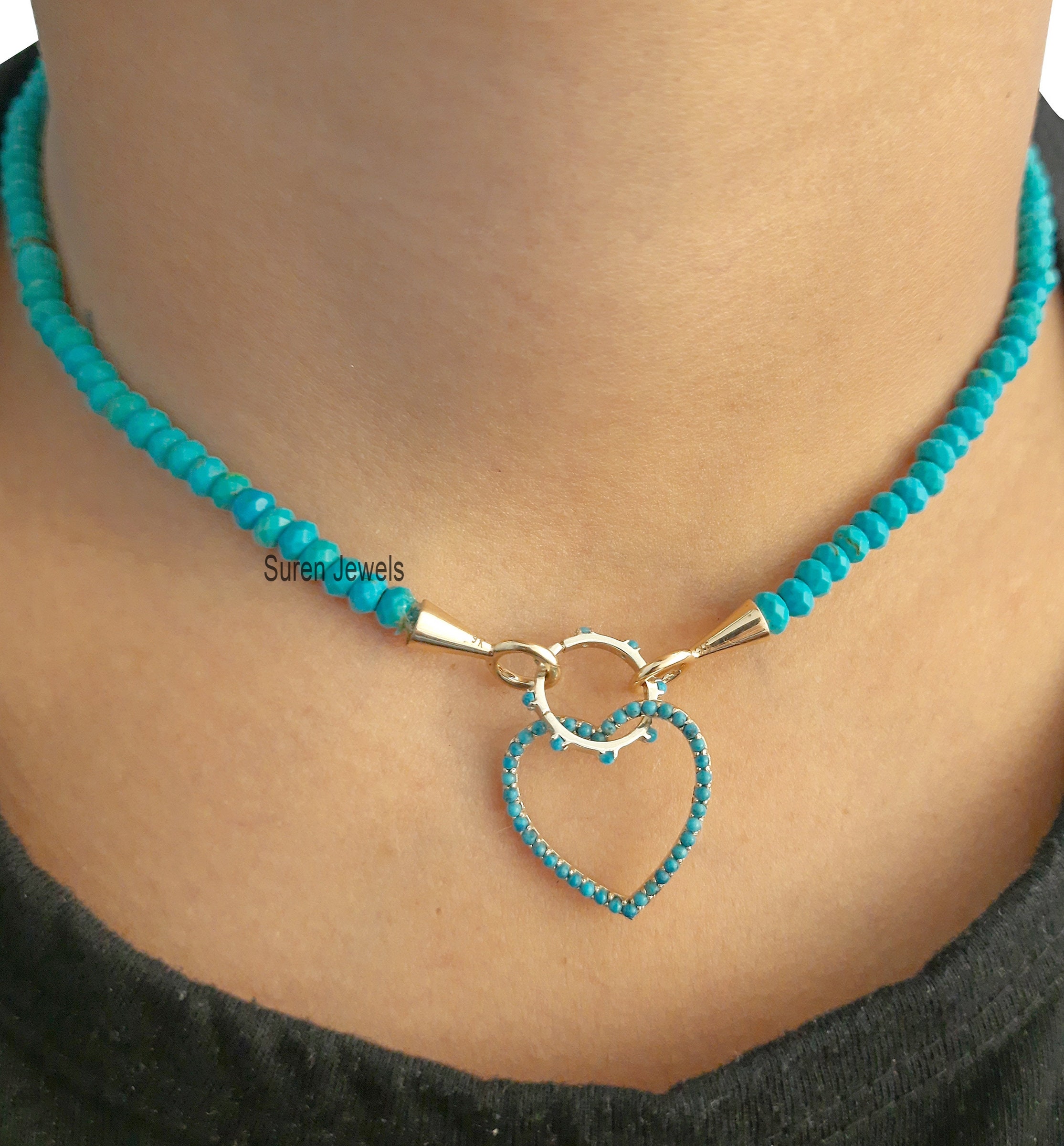 14K Gold Turquoise Heart Necklace: Dainty Charm Pendant - View 2 - Suren Jewels | SKU: MJN247-14KYGTQ-16I