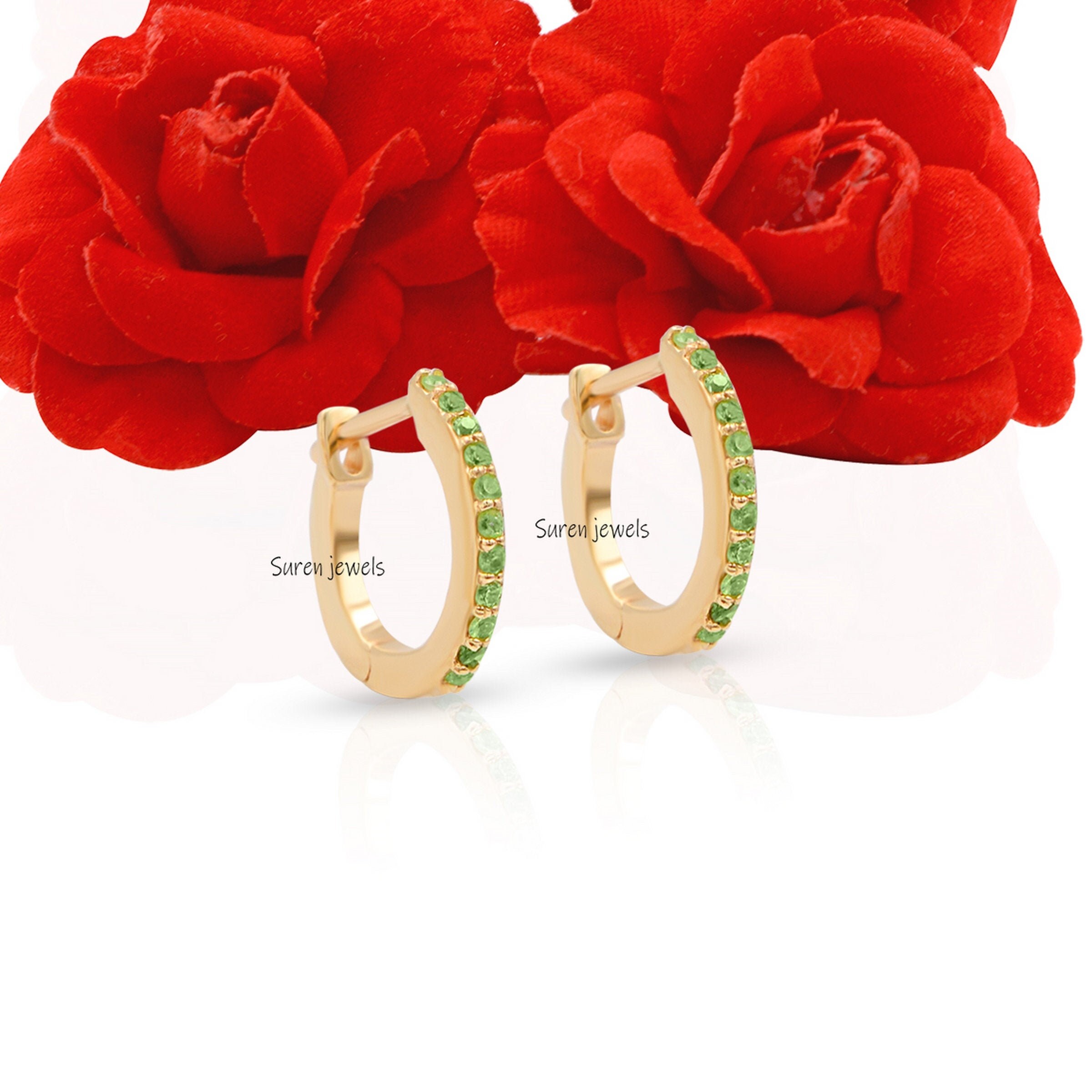 14k Solid Gold Turquoise Huggie Hoop Earrings: Handmade Hinged Jewelry - View 3 - Suren Jewels | SKU: SJE66-9KYGTS
