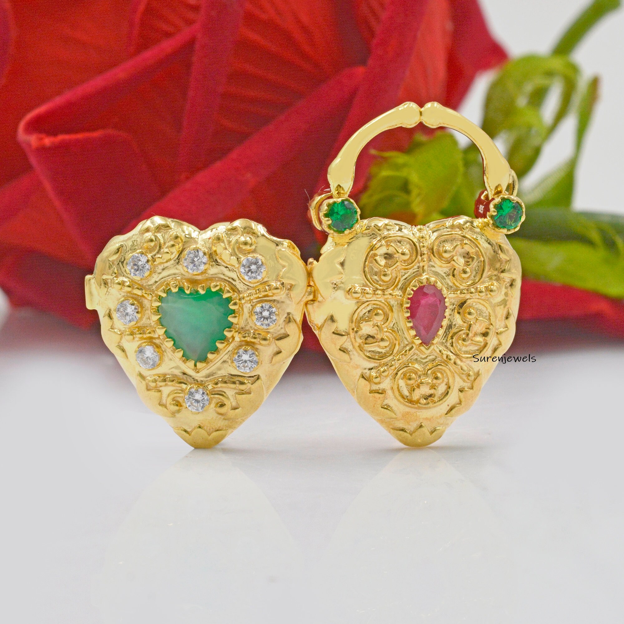14K Gold Multi Gemstone Heart Padlock: Designer Locket - View 3 - Suren Jewels | SKU: SJP85-SLYGCZRUGO-N47-18I