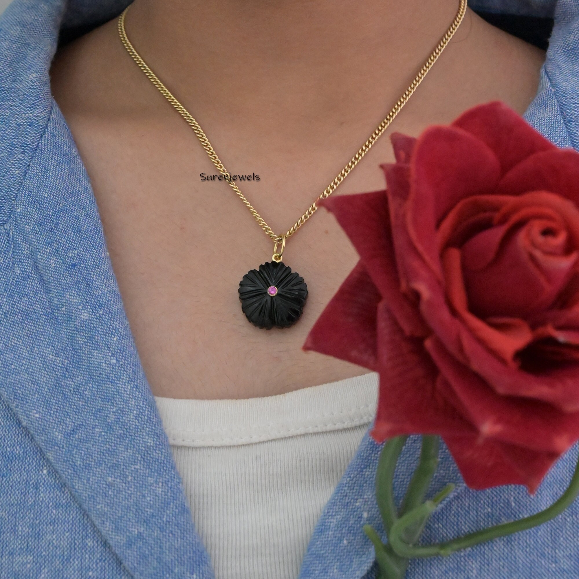14K Gold Carved Gemstone Flower Pendant with Ruby CZ - View 3 - Suren Jewels | SKU: SJP1921-SLYGTQCZRU