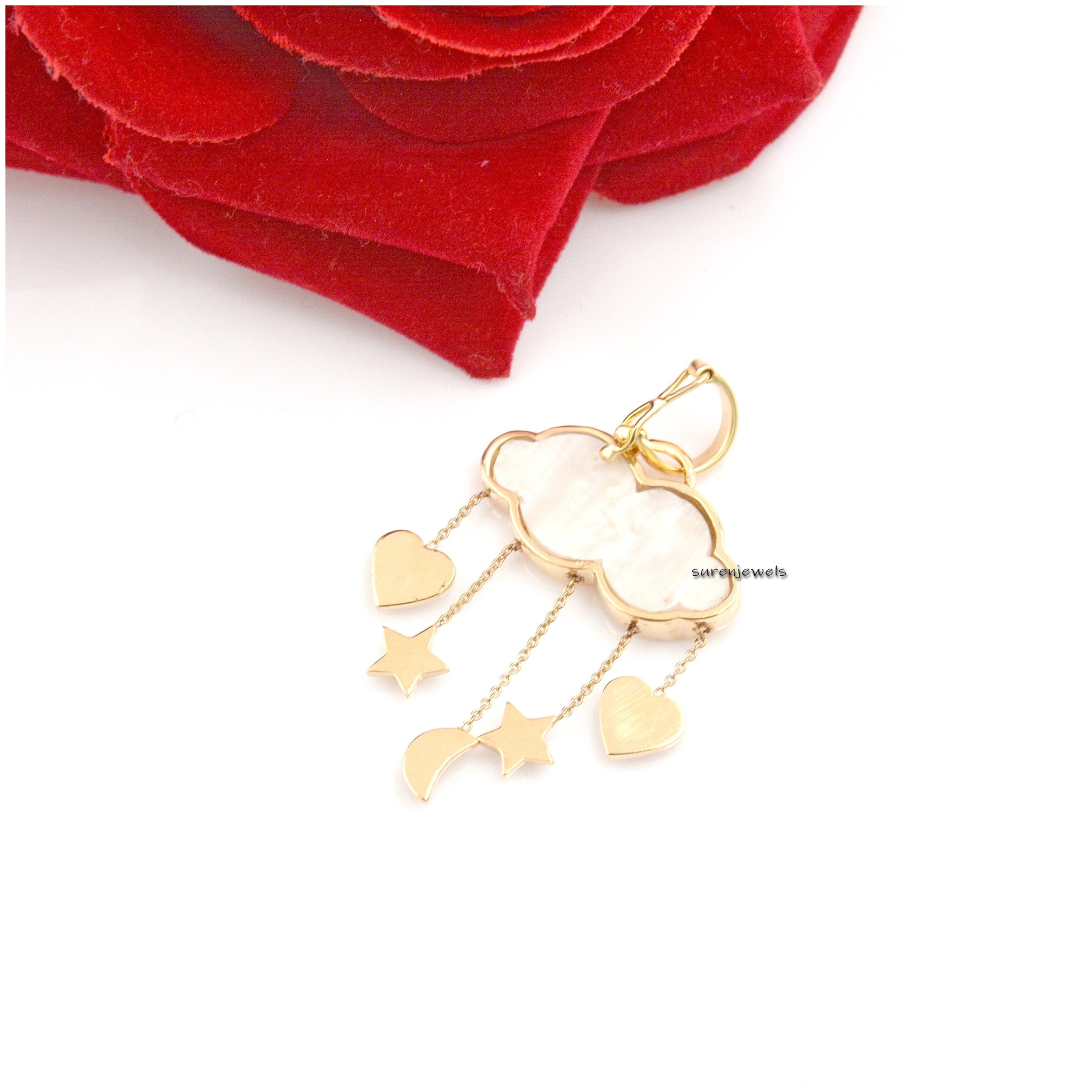 14K Gold Cloud Pendant: Gemstone Star Moon Charm - View 2 - Suren Jewels | SKU: SJP1307-14KYGMNPLMTCS-25M