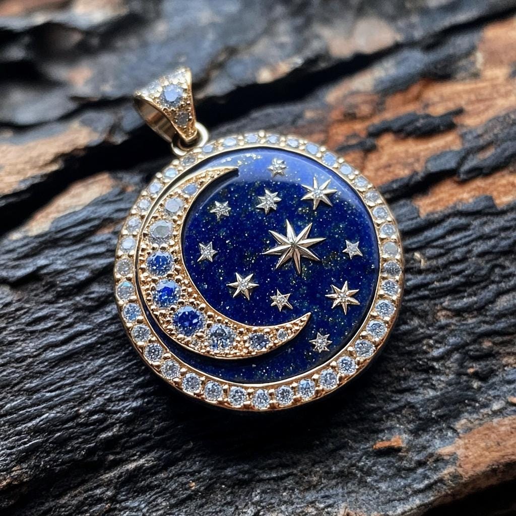 Lapis Lazuli Star Moon Pendant: Moissanite 925 Silver Disc - View 6 - Suren Jewels | SKU: SJP2446-SLYGDITQ-20M