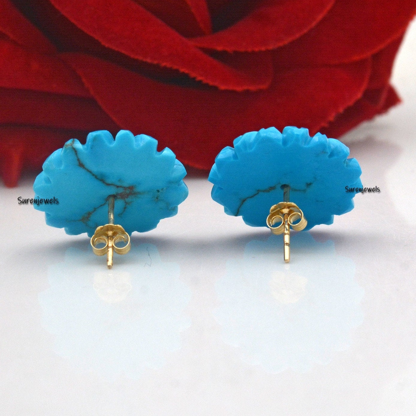 925 Silver Carved Turquoise Flower Studs: Carving Gemstone Earrings - View 3 - Suren Jewels | SKU: SJE953-9KYGTQWT