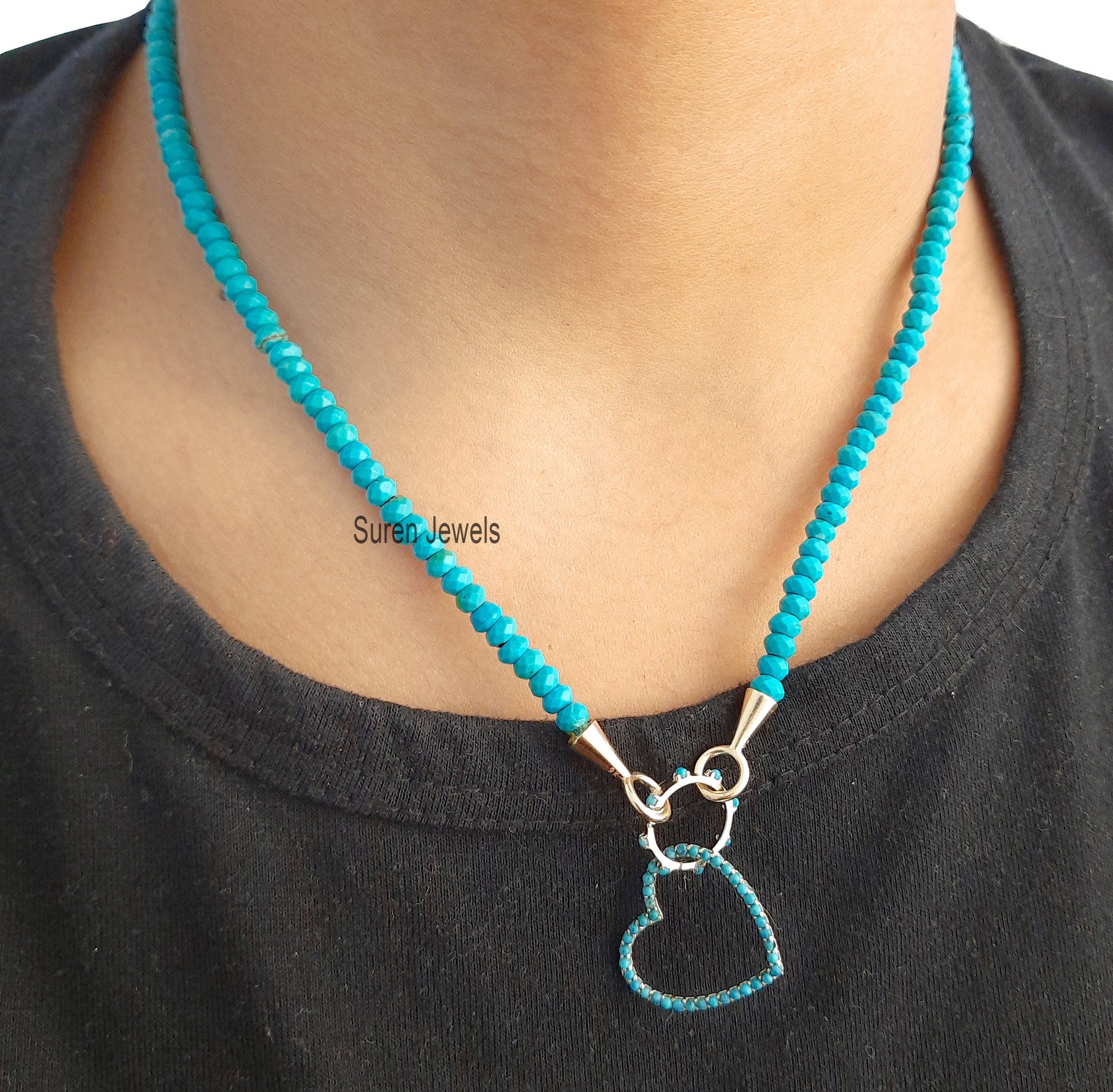 14K Gold Turquoise Heart Necklace: Dainty Charm Pendant - Suren Jewels | SKU: MJN247-14KYGTQ-16I