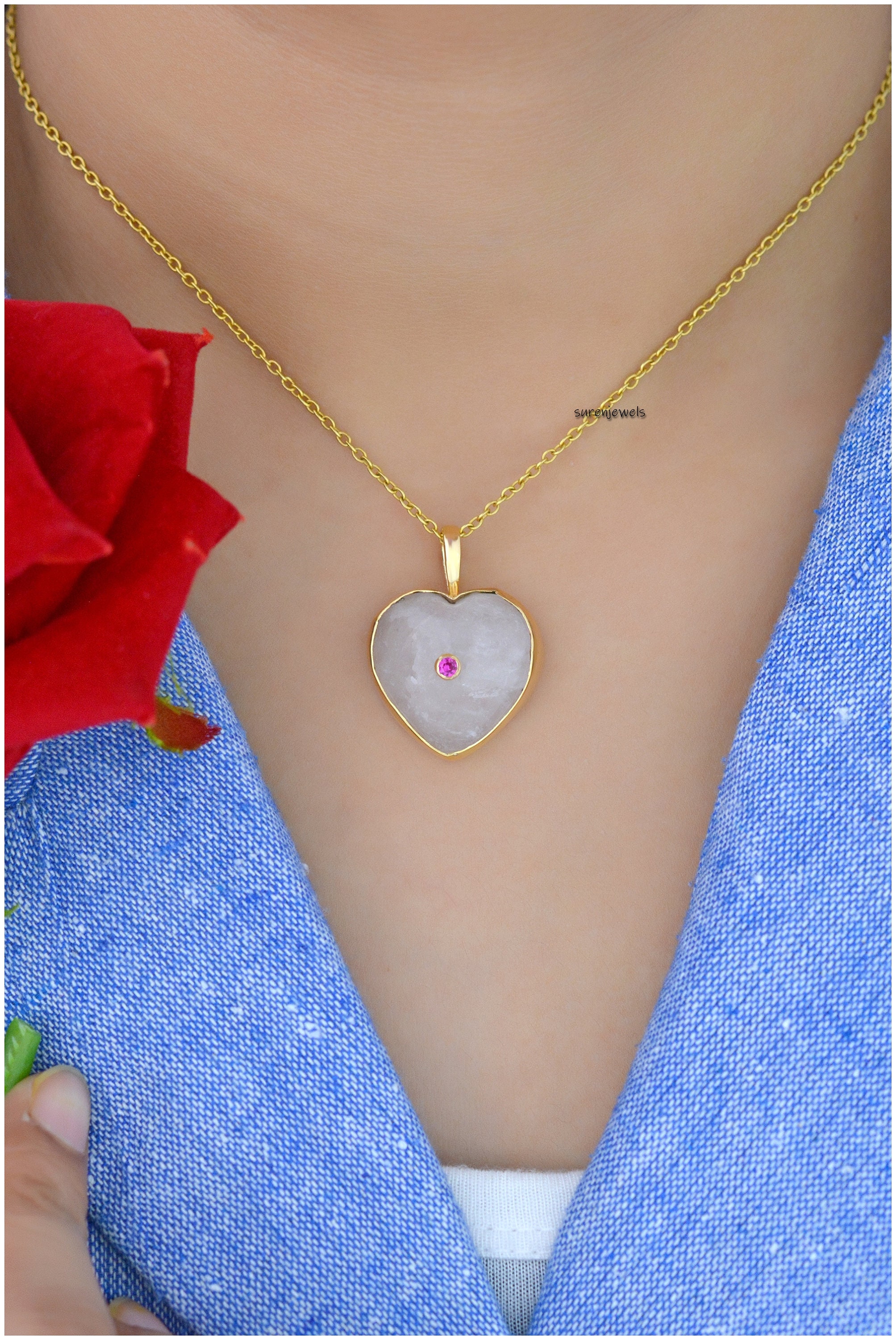 14k Gold Malachite Heart Pendant: Natural Gemstone Charm - View 4 - Suren Jewels | SKU: SJP1368-9KYGLPZWT-20M