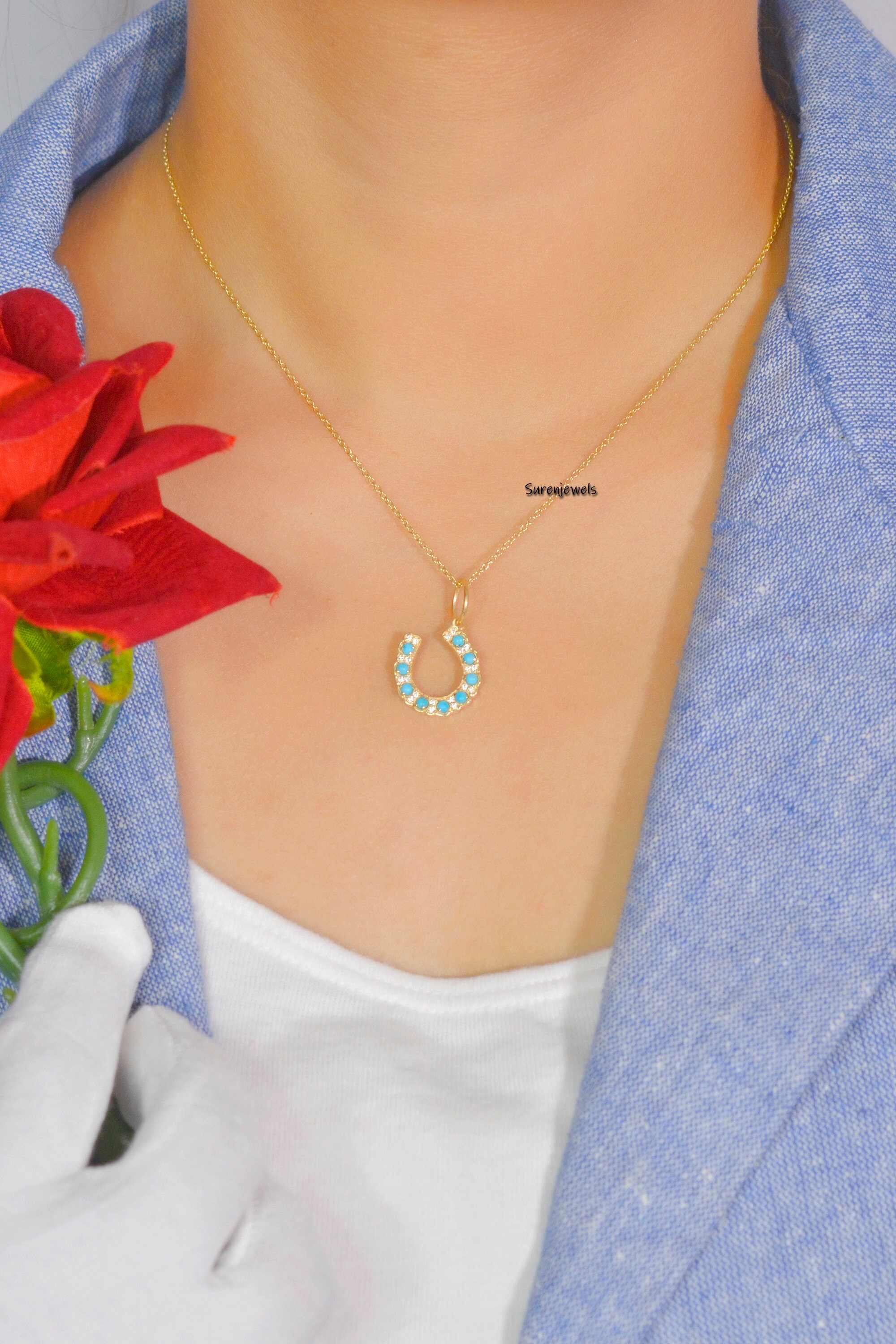 14K Plated Turquoise Horseshoe Pendant: Moissanite Diamond Accent - View 3 - Suren Jewels | SKU: SJP1142-SLYGCZTQ
