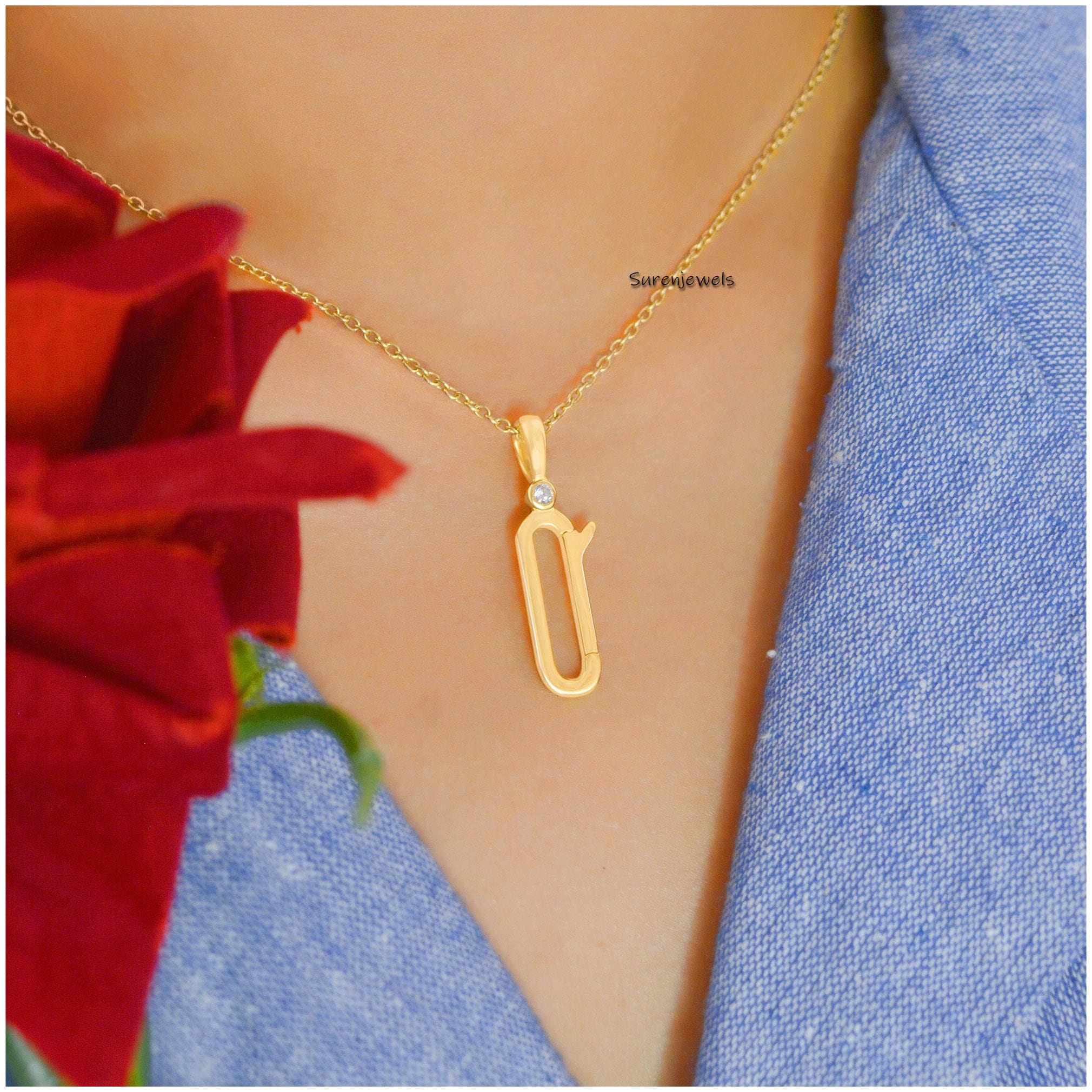 14K Yellow Gold Charm Holder Connector: White Topaz Push Lock - Suren Jewels | SKU: SJP1212-SLYGMN-34M
