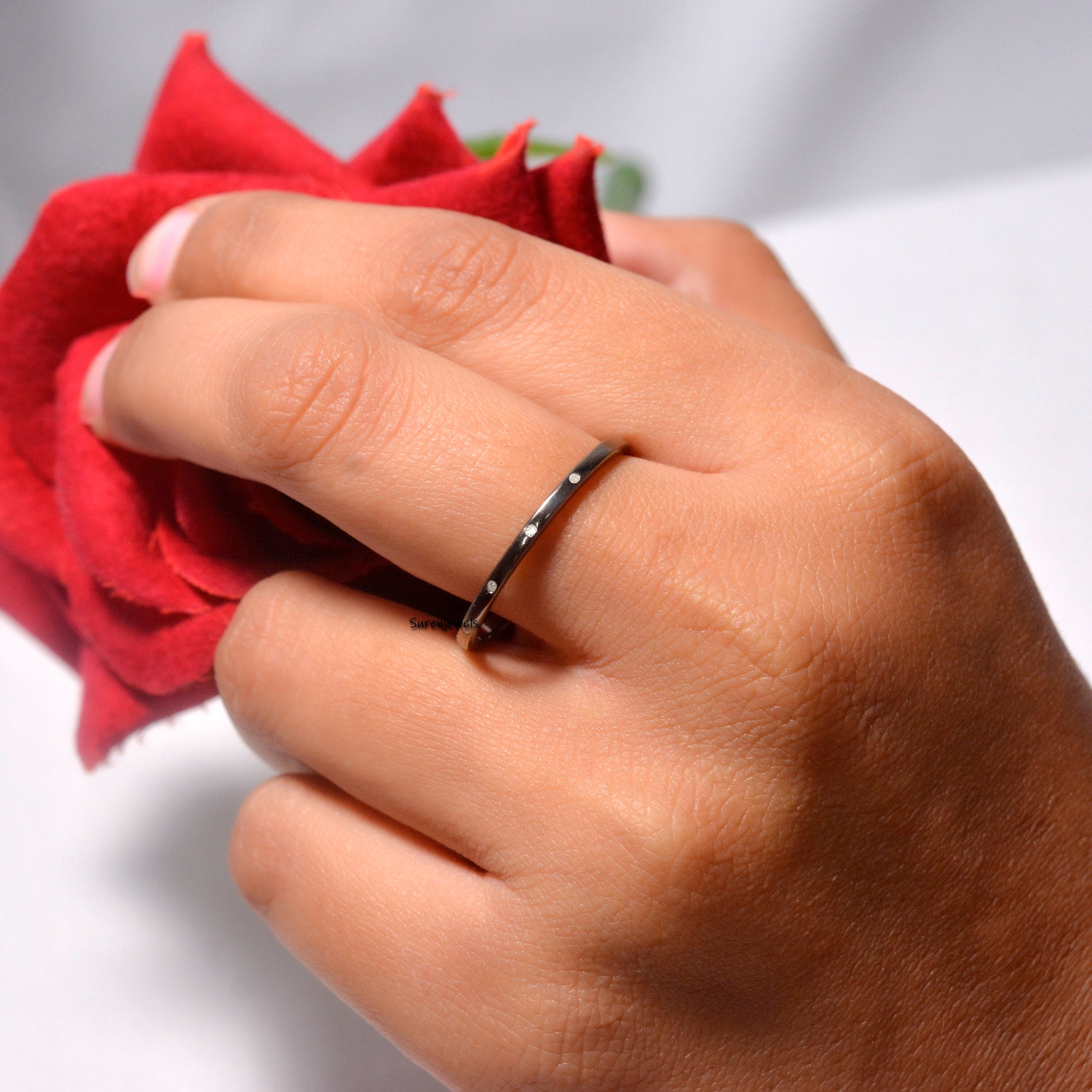 Flush Set Diamond Wedding Band: 925 Silver Eternity Ring - View 7 - Suren Jewels | SKU: SJR08-SLYGDI-5S/SJR911-SLYGDI-10
