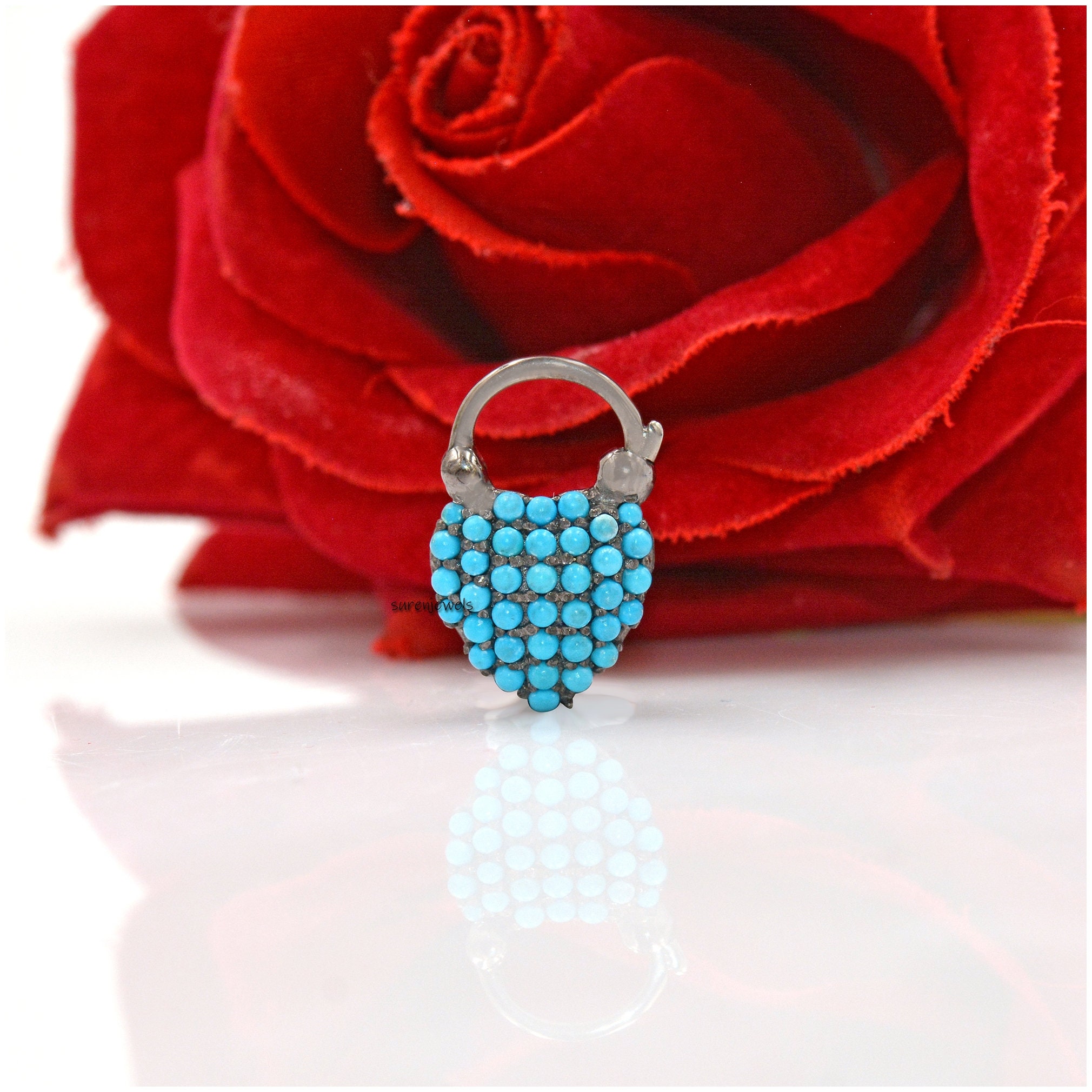 925 Silver Turquoise Heart Padlock: Gemstone Connector Pendant - View 3 - Suren Jewels | SKU: SJP1345-SLYGTQ-25M