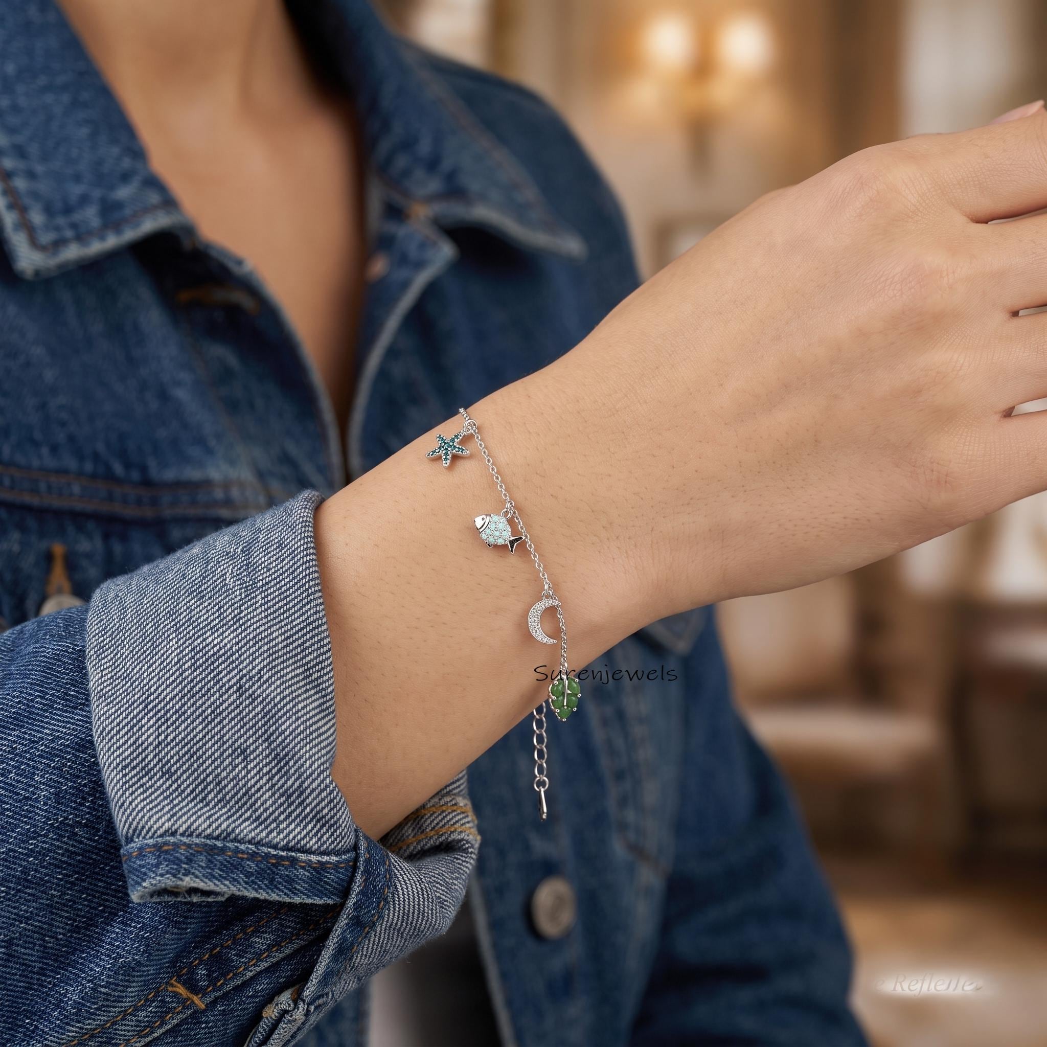 Multi Charm Bracelet, Silver Celestial and Sea Life Bracelet, Opal Fish and Starfish Jewelry, Summer Vacation Accessory, Uniq