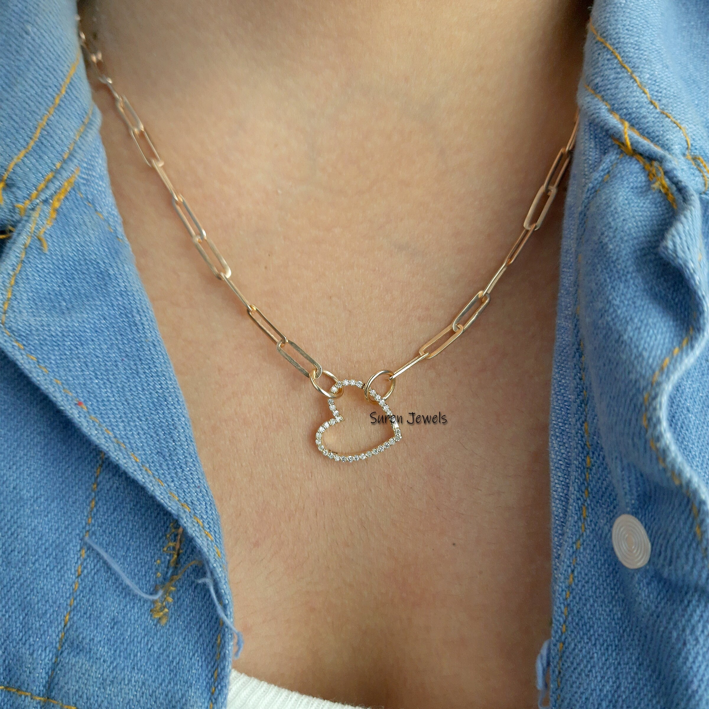 Diamond Heart 14K Gold Charm Enhancer: Thick Link Pendant (15mm) - View 6 - Suren Jewels | SKU: SJP536-14KYGDI-N47-18I