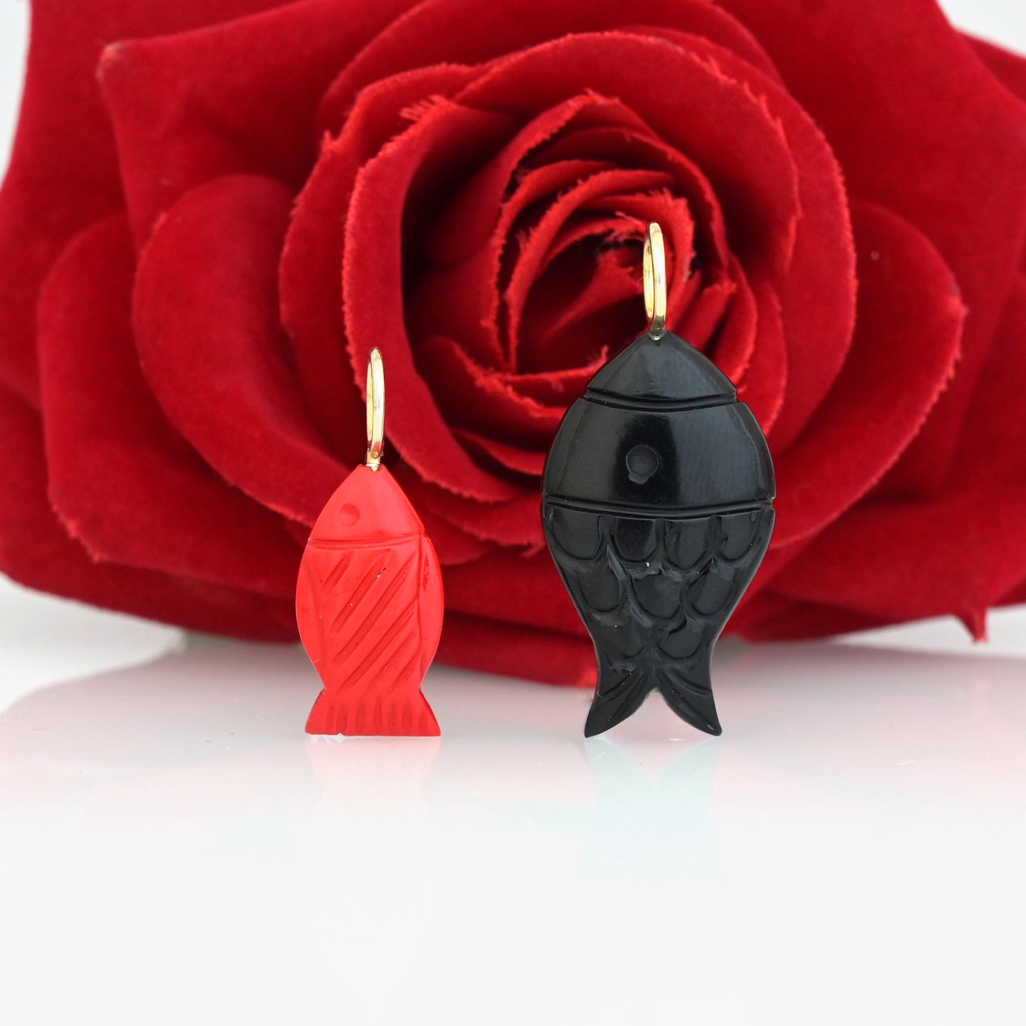 14k Gold Carved Gemstone Fish Pendant: Lucky Charm with Pink CZ Eyes - View 6 - Suren Jewels | SKU: SJP3411-SLYGBORUCZ-35M,SJ