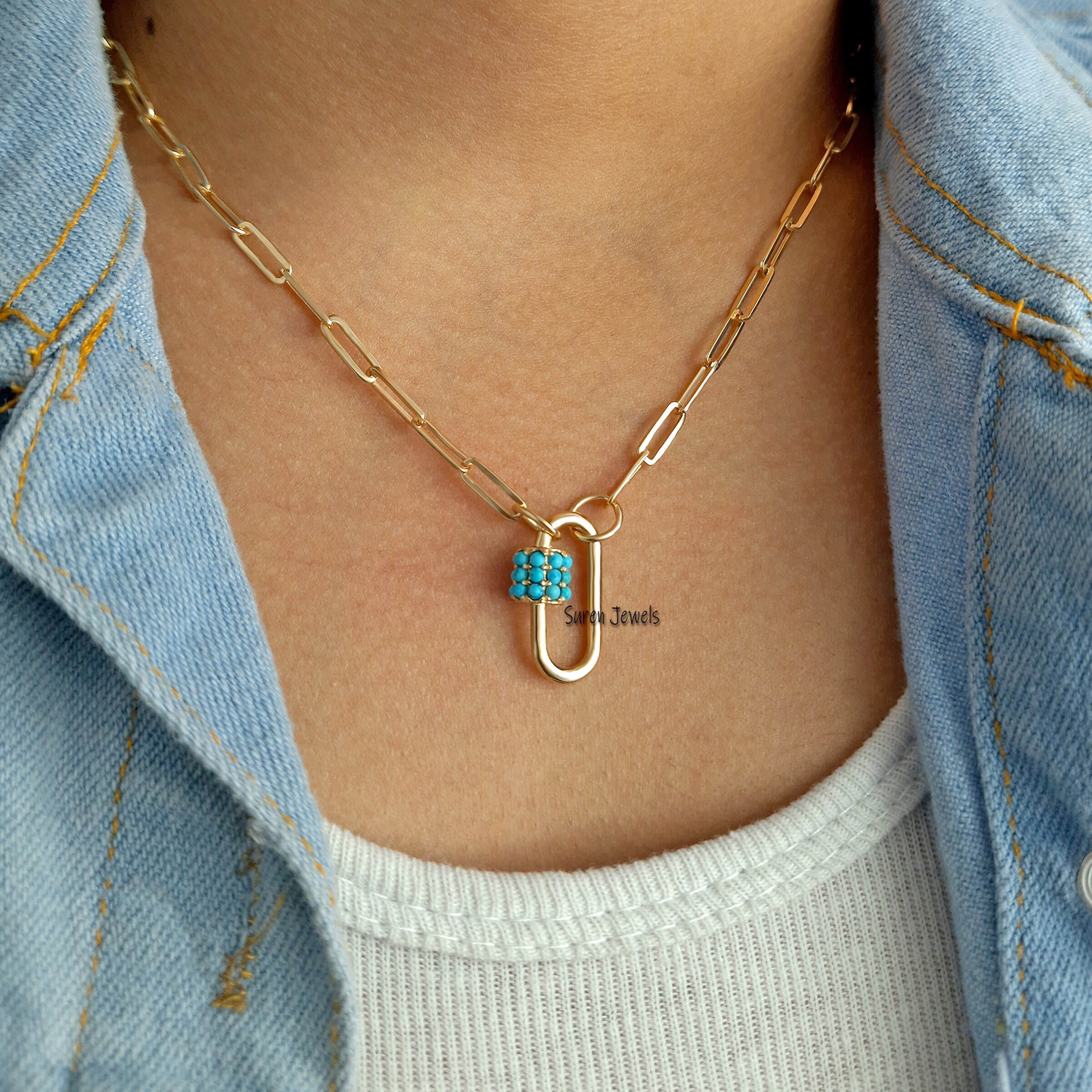 14K Gold Turquoise Carabiner Lock: Gemstone Accent - View 5 - Suren Jewels | SKU: SJC09-14KYGTQ-N47-18I