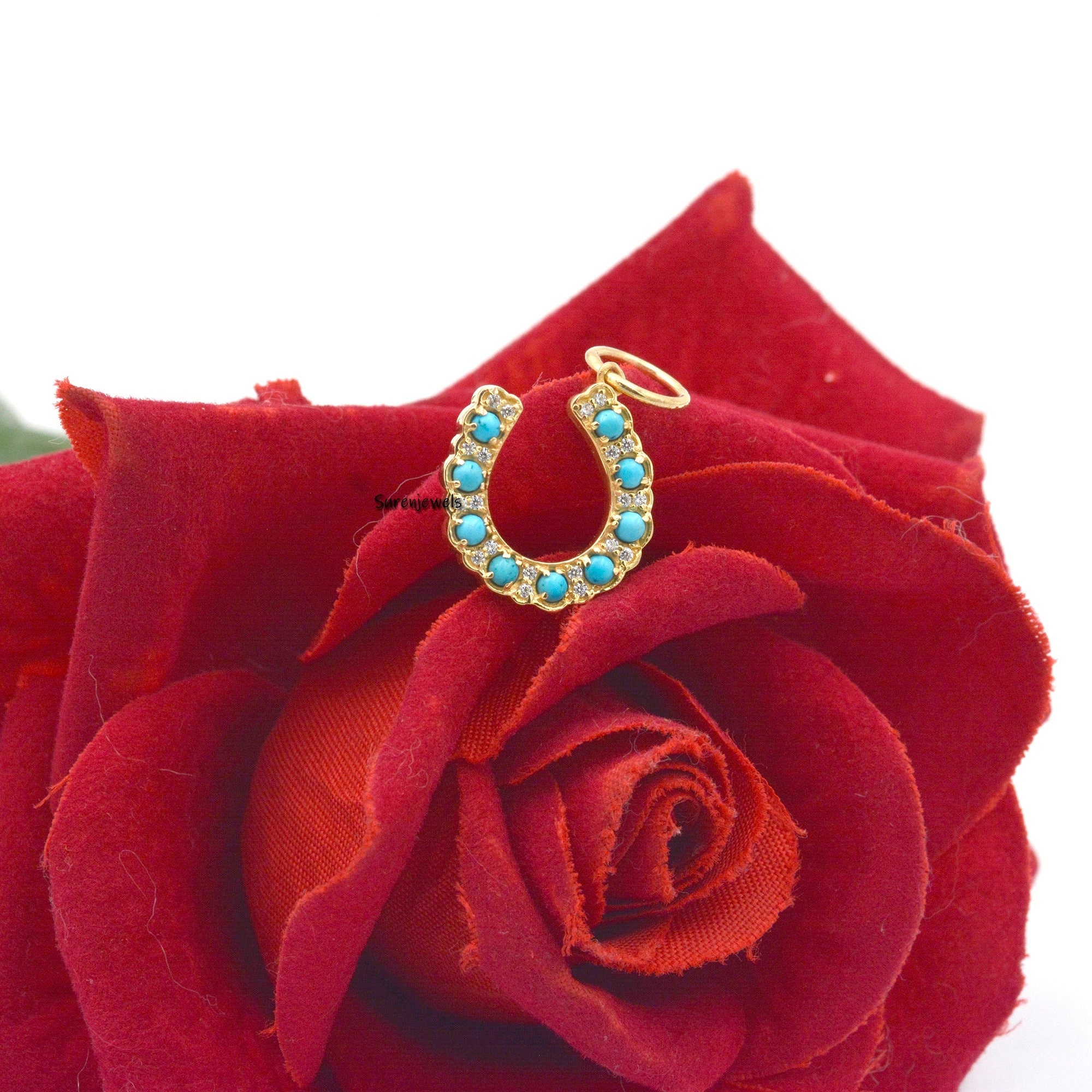 14K Plated Turquoise Horseshoe Pendant: Moissanite Diamond Accent - View 2 - Suren Jewels | SKU: SJP1142-SLYGCZTQ