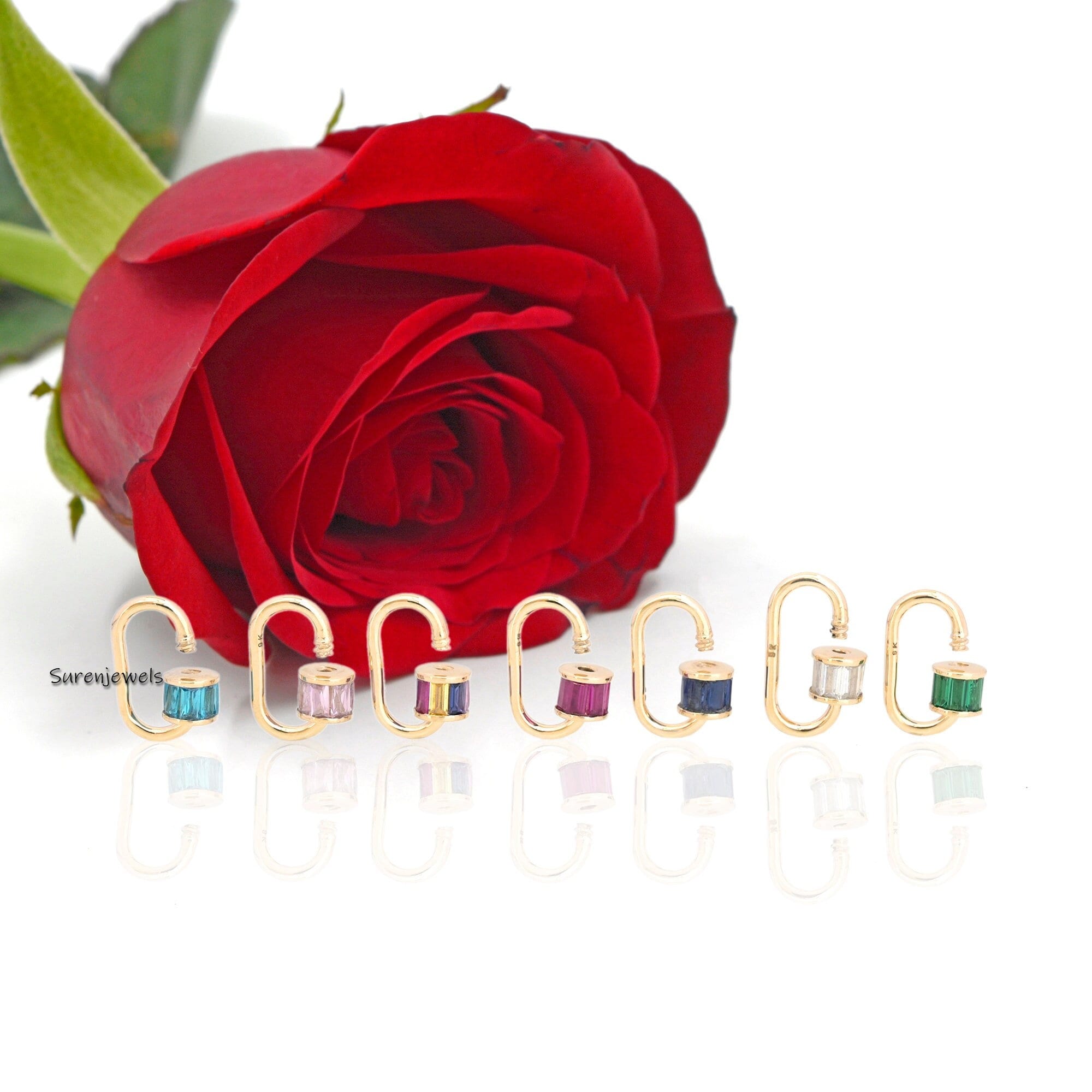 14K Yellow Gold Carabiner Lock: Vintage Emerald Baguette Screw - Suren Jewels | SKU: SJC22-14KYGBTTAQ-N47-18I-14K