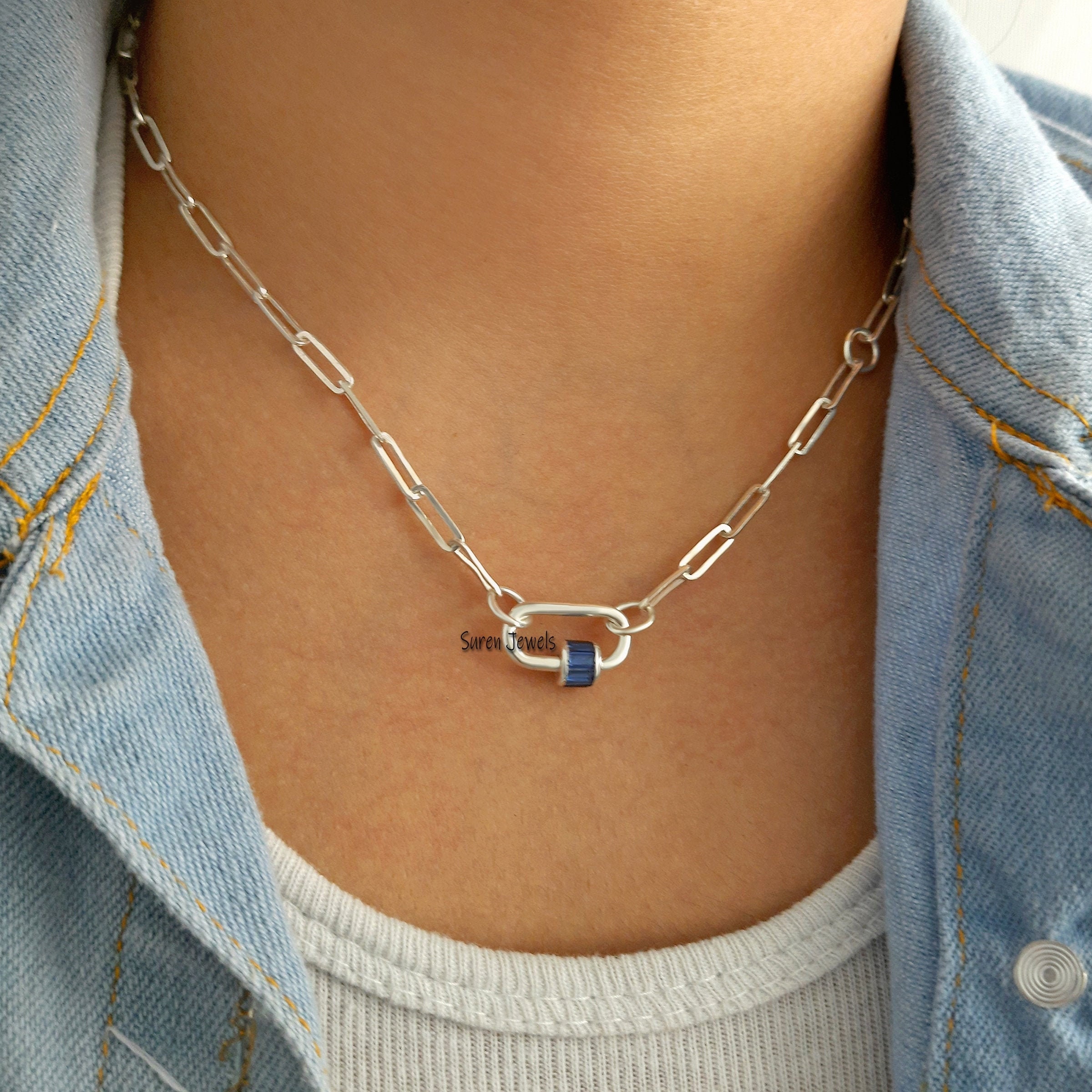 925 Silver Carabiner Lock: Blue Sapphire Baguette Pendant Necklace - View 4 - Suren Jewels | SKU: SJC22-SLNSBTTBSP-N47-18I