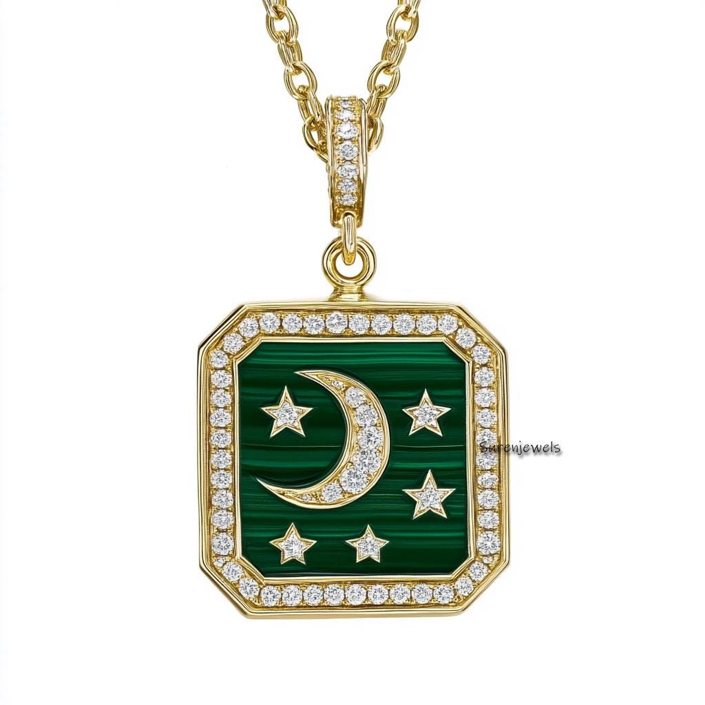14k Gold Gemstone Star Moon Pendant: Handmade Designer Charm - View 3 - Suren Jewels | SKU: SJP4398-SLYGLPZCZ-25M