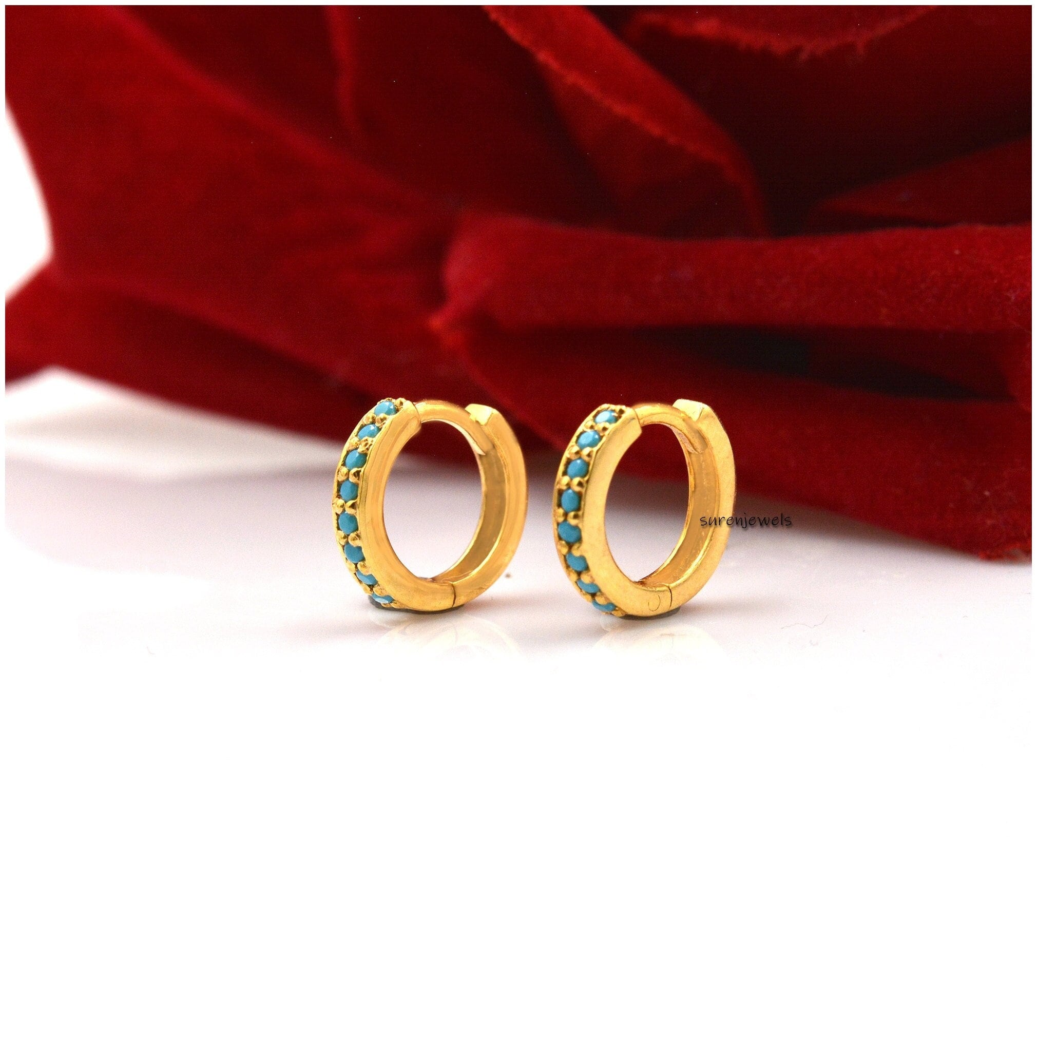 14k Solid Gold Turquoise Huggie Earrings: Handmade Hoop Pair - Suren Jewels | SKU: SJE1005-SLYGYQ-10M