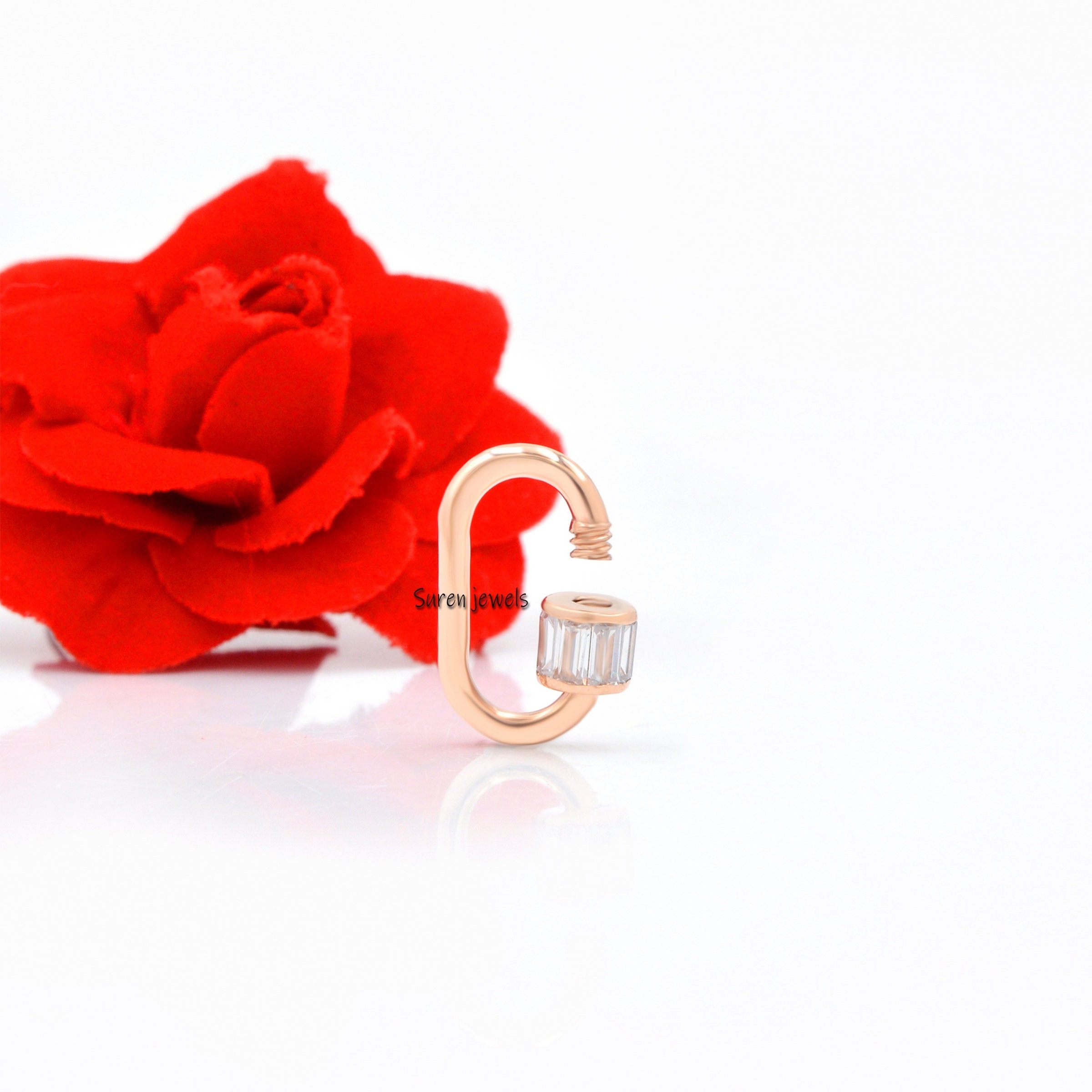 925 Silver Baguette Carabiner Lock: White Topaz Jewelry - Suren Jewels | SKU: SJC22-SLYGBTTWT-N36-18I