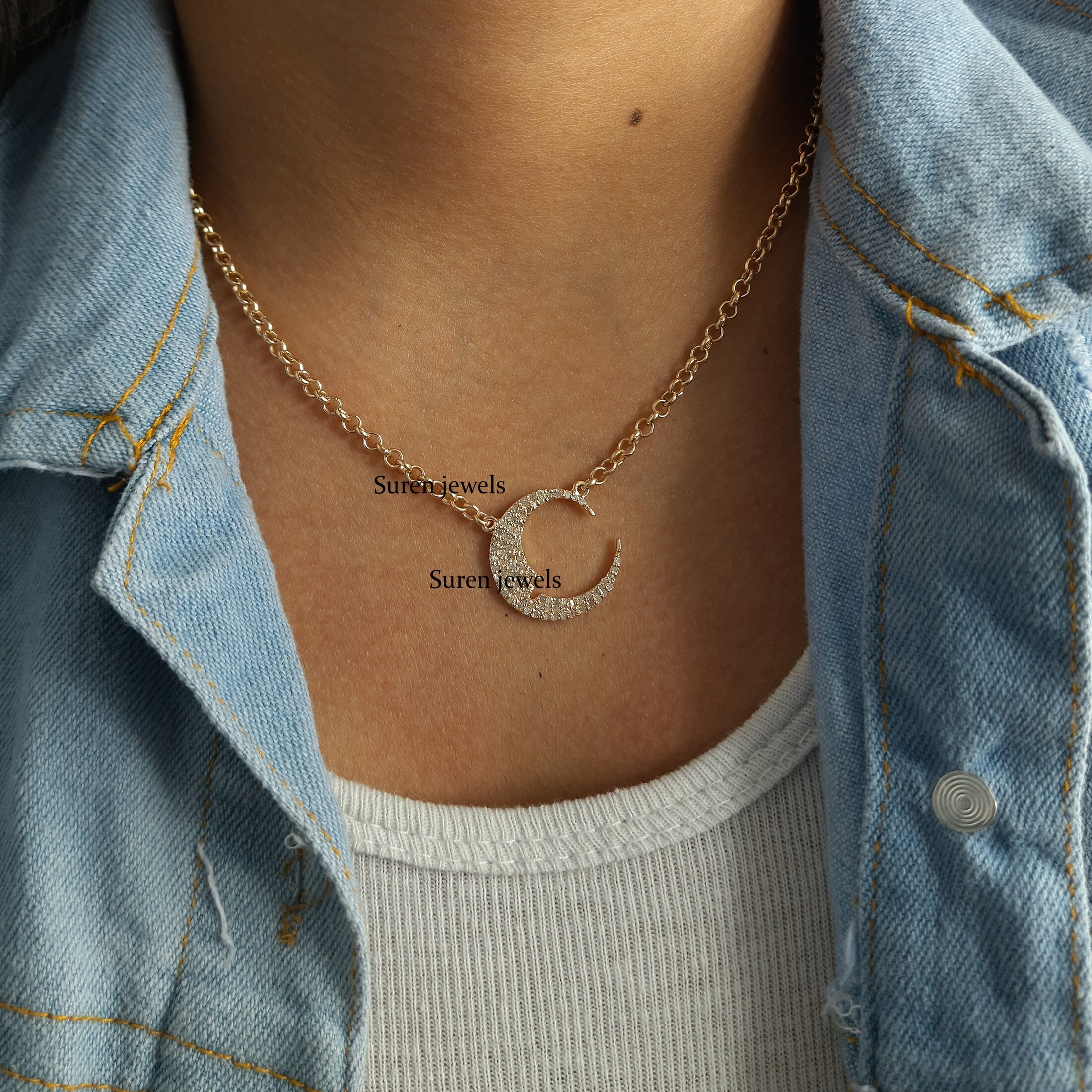 Sterling Silver Diamond Crescent Moon Pendant: Dainty Half Moon Charm - View 3 - Suren Jewels | SKU: SJN245-SLYGDI-20I-925