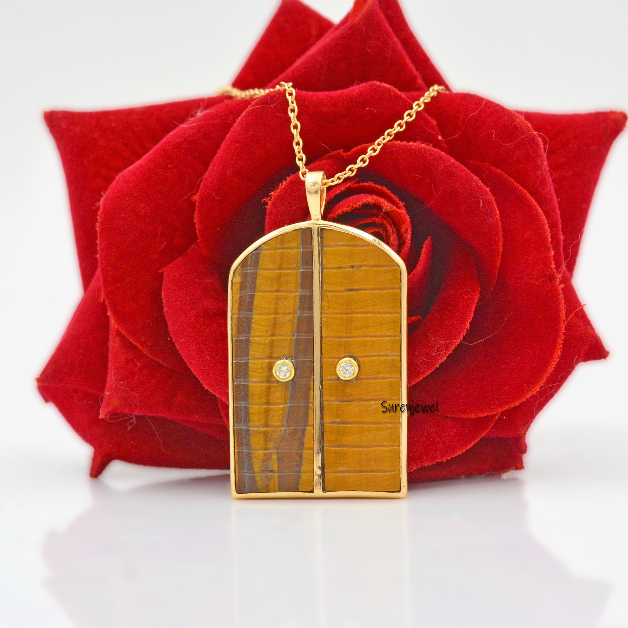 14k Gold Turquoise Door Pendant: Carved Gemstone, Handmade - View 6 - Suren Jewels | SKU: SJP1045-SLYGDITE