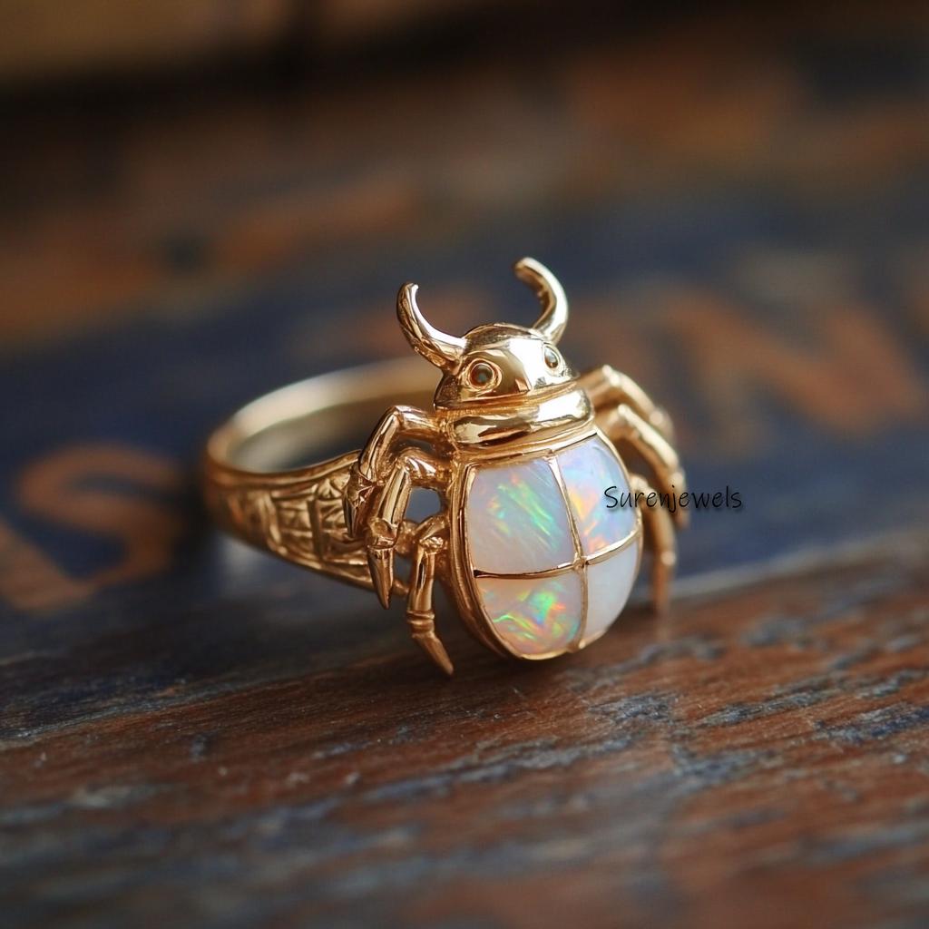 14k Gold Scarab Beetle Gemstone Ring: Egyptian Style - View 4 - Suren Jewels | SKU: SJR2974-SLYGMSBKCZGT-US-7,SJR3156-SLWGGOP