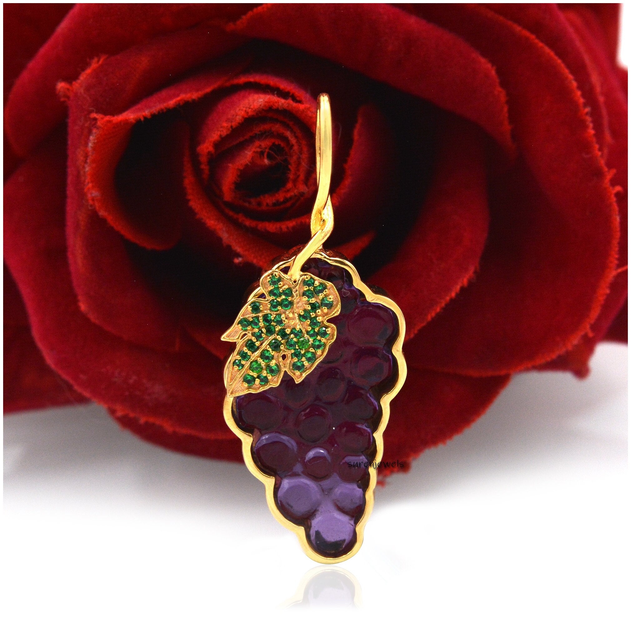 14K Gold Amethyst Grape Pendant: Handmade Gemstone Charm - Suren Jewels | SKU: SJP1463-SLYGAMGCZ