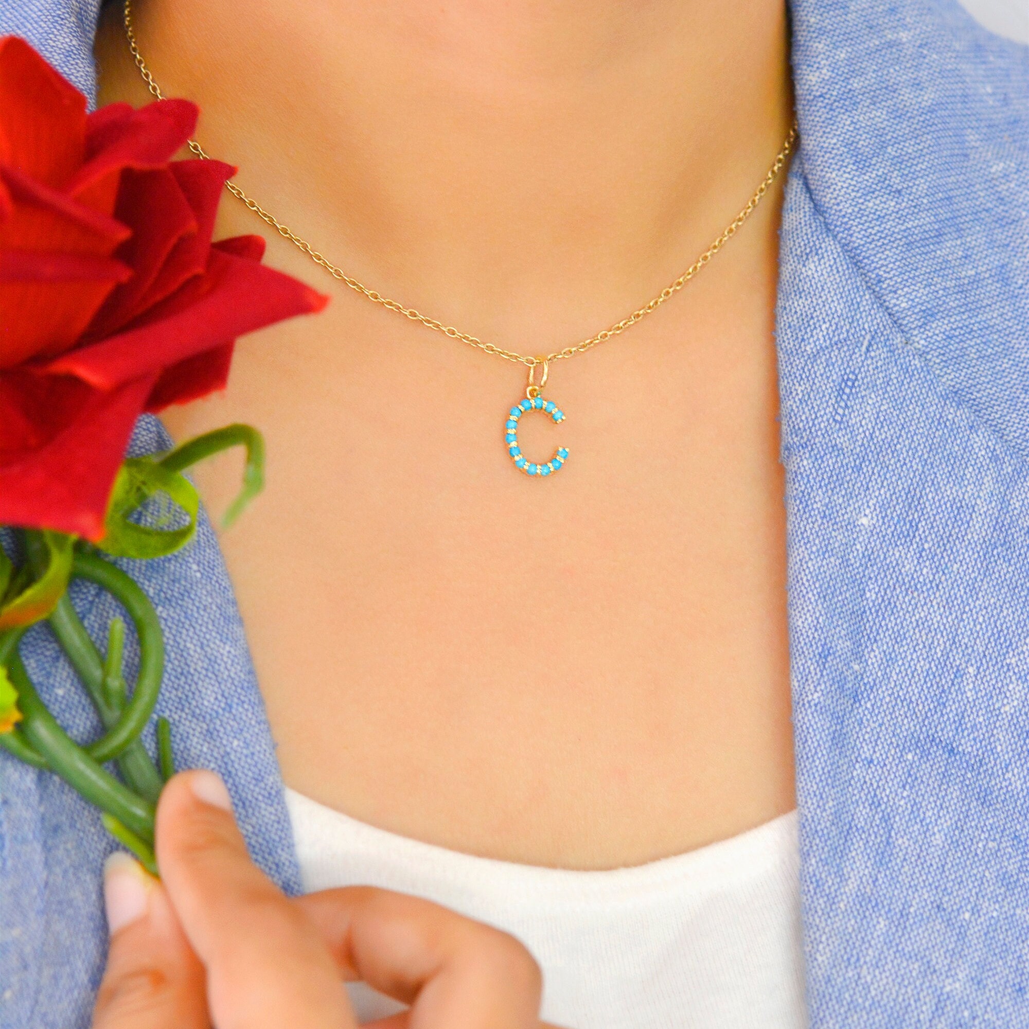 925 Silver Turquoise Letter Pendant: Custom Alphabet Charm - View 5 - Suren Jewels | SKU: SJP87-SLNSTQ-N-N41-18I