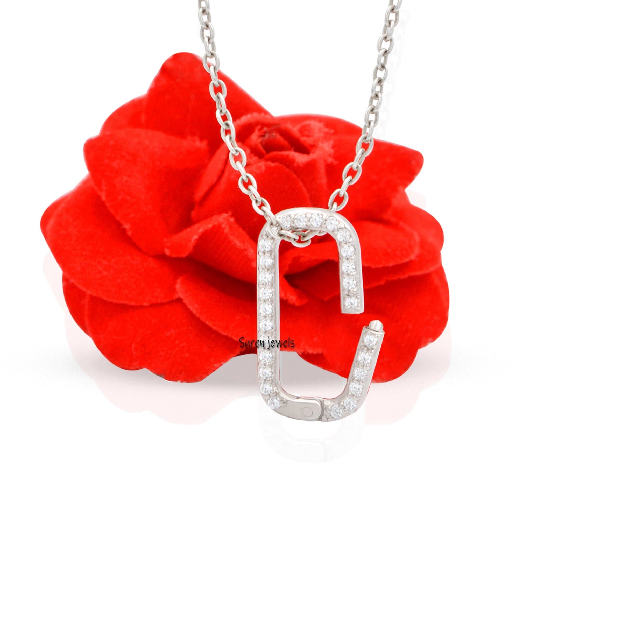 925 Silver Diamond Oval Charm Holder: Enhancer Link Clicker Lock - View 2 - Suren Jewels | SKU: SJP897-SLWGDI