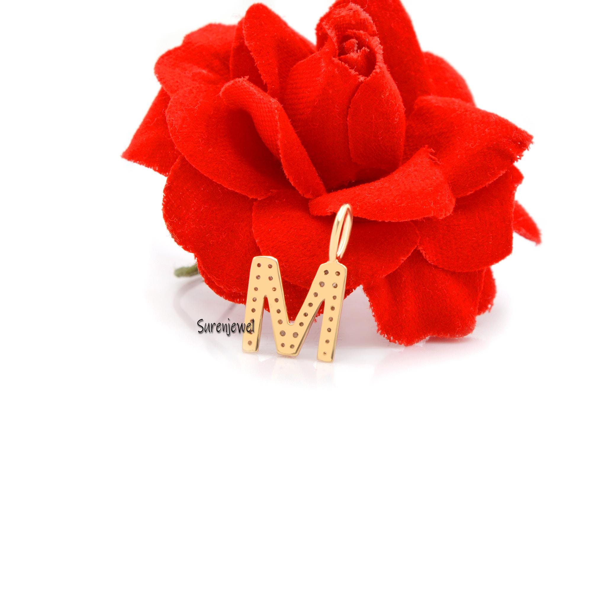 14K Yellow Gold Letter M Charm: Pink Sapphire & Diamond Initial - View 3 - Suren Jewels | SKU: SJP665
