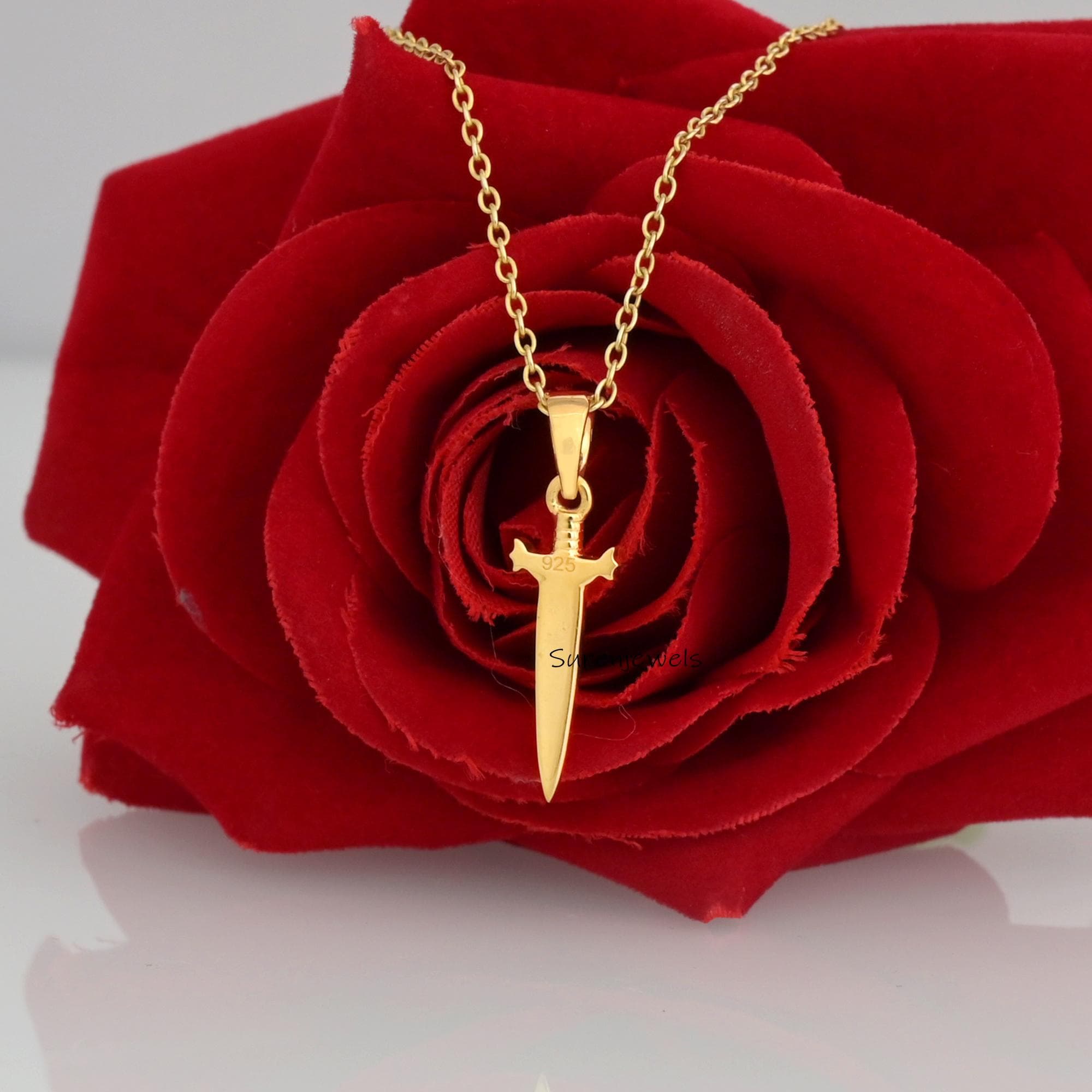14k Gold Dagger Sword Pendant, Handmade Jewelry - View 2 - Suren Jewels | SKU: SJP3372-SLYG-25M