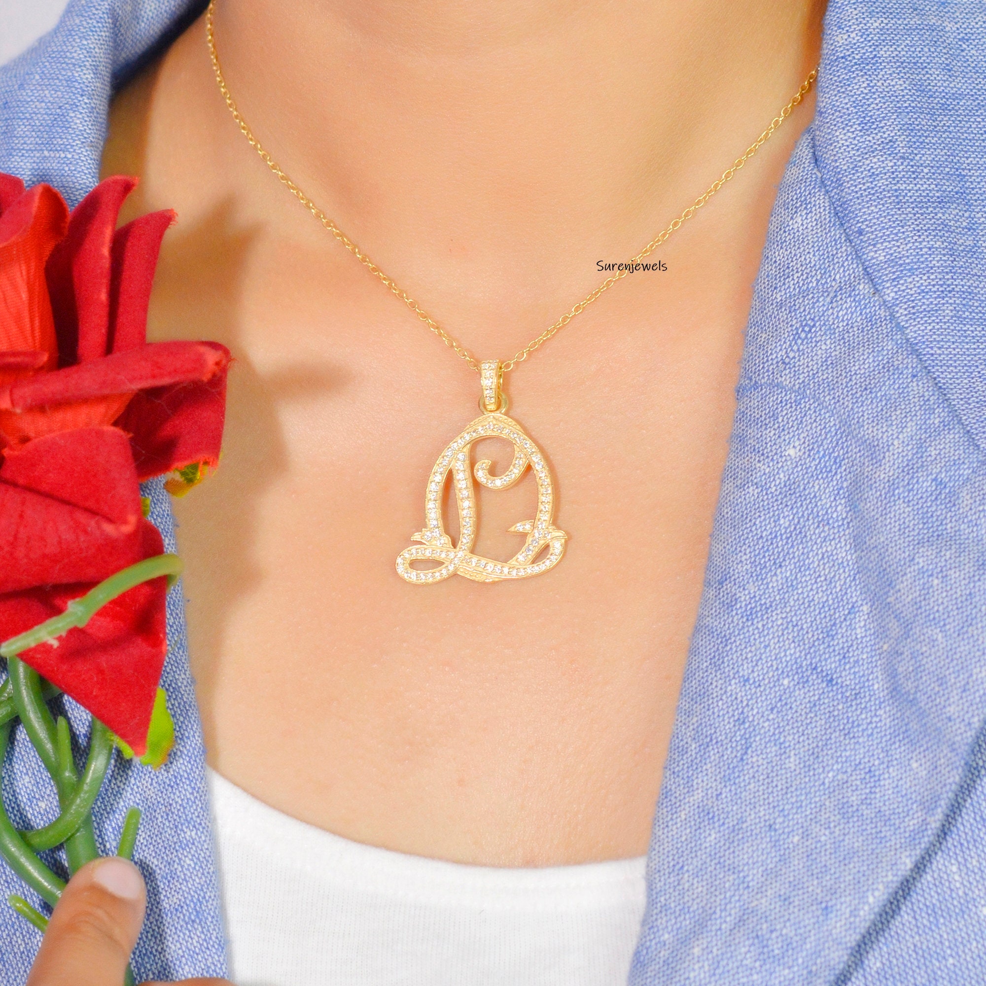 Sterling Silver Pave Diamond Monogram Pendant - Custom Alphabet Jewelry - Suren Jewels | SKU: SJP540-SLYGDI-MO-N41-18I