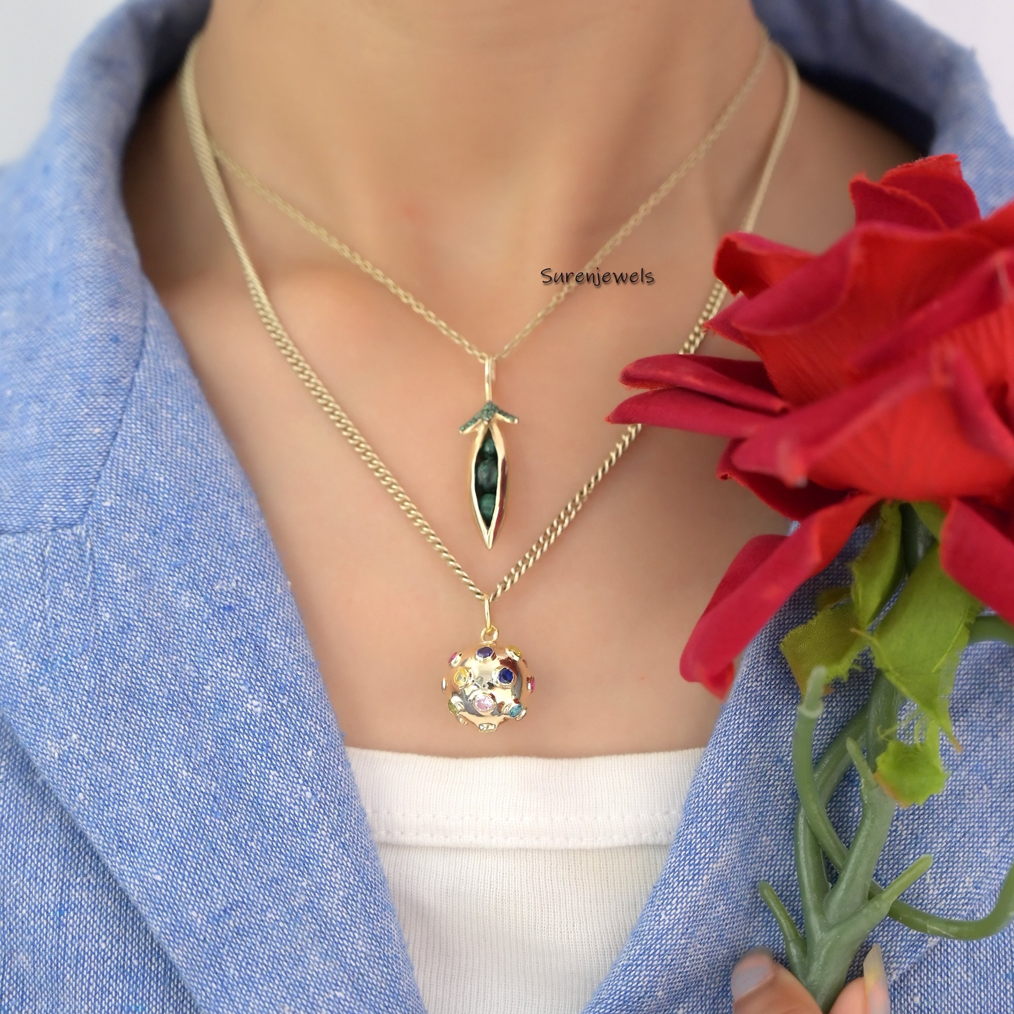 Vintage 14k Solid Gold Peas Pendant: Handmade Gemstone Design - View 7 - Suren Jewels | SKU: SJP1571-SLYGCHGCZ