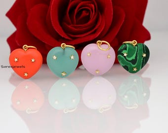 Solid 14K Gold Tiny Star Gemstone Heart Pendant, Turquoise Heart Pendant, 14K Designer Heart Charm, Heart Pendant, Heart Gemstone Pendant