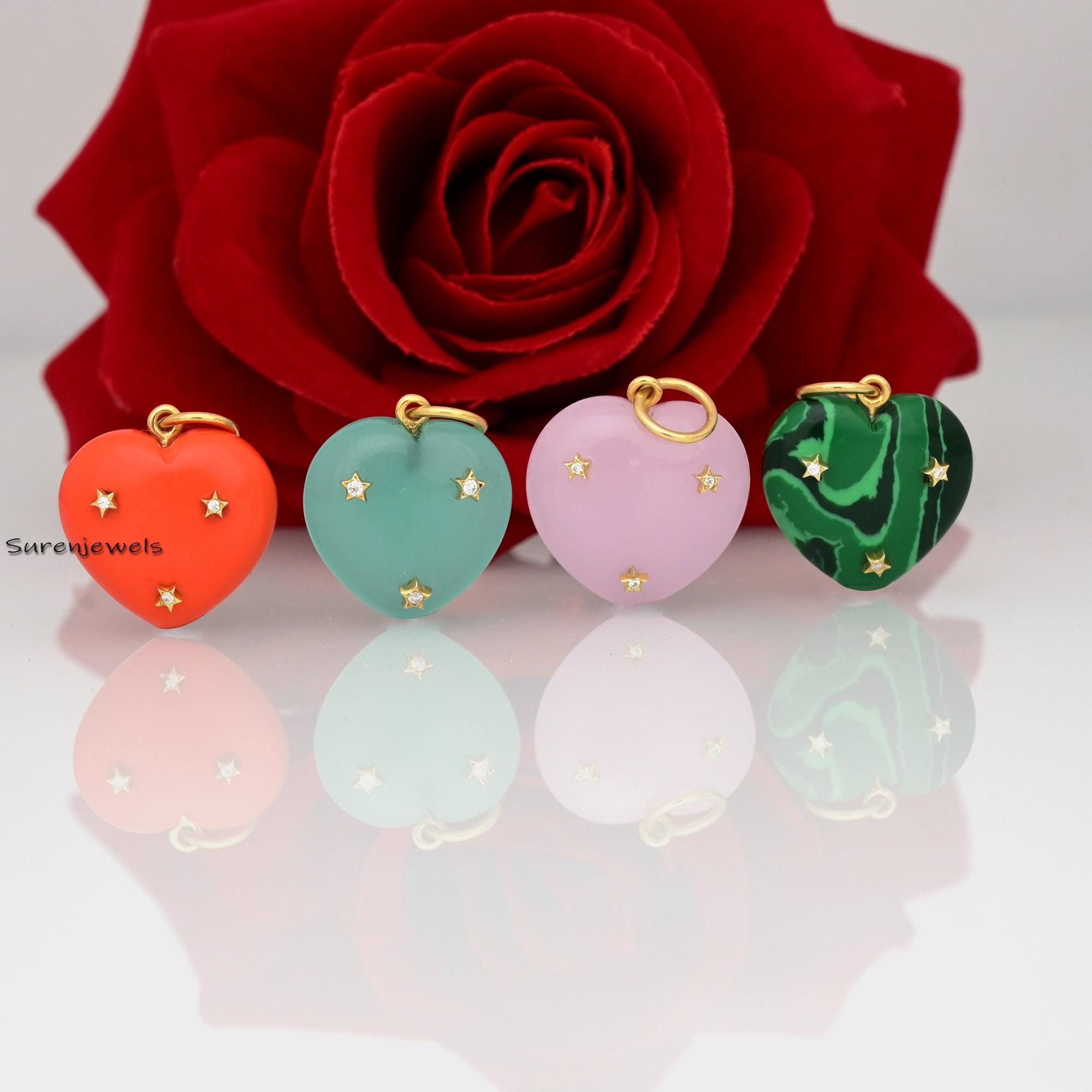 14K Gold Tiny Star Heart Pendant: Turquoise & Moissanite Charm - Suren Jewels | SKU: SJP1450-SLYGCRMN