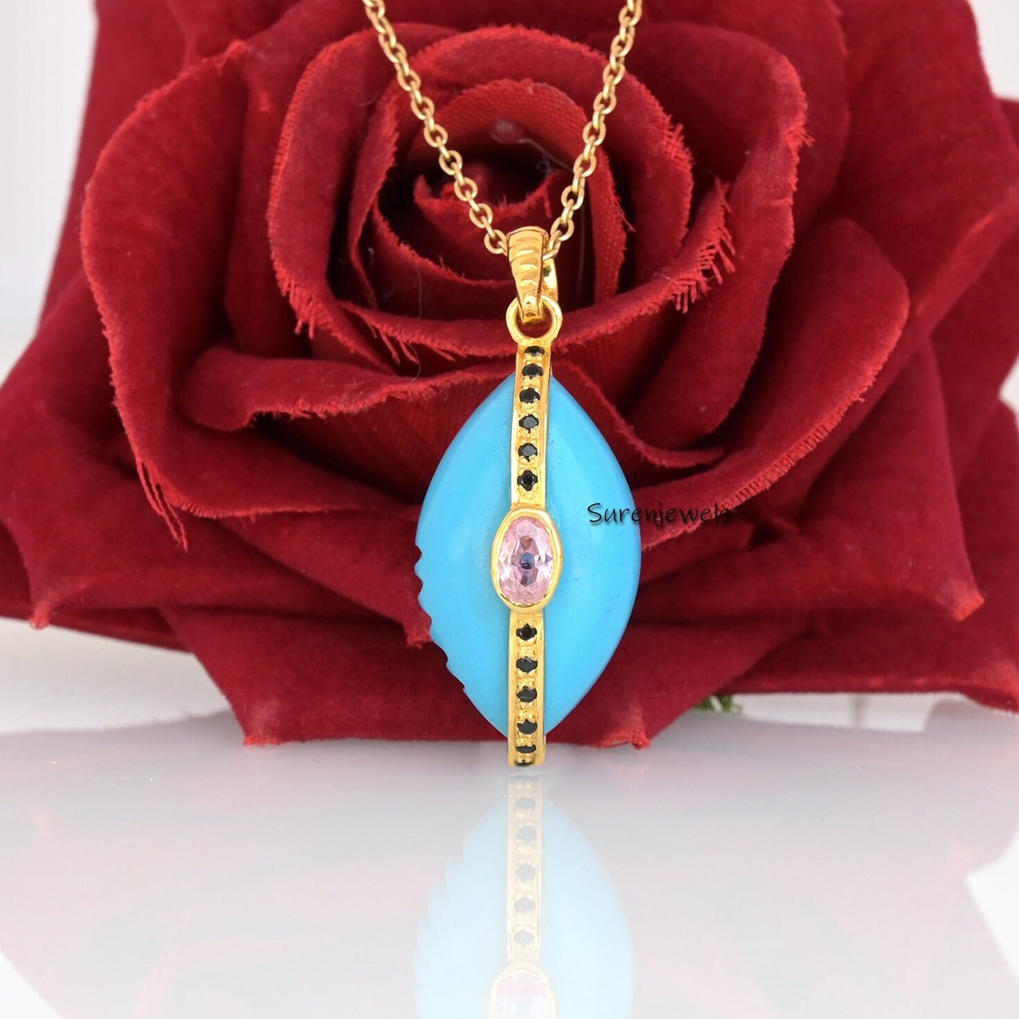 14k Gold Gemstone Cowrie Shell Pendant: Black Spinel & CZ - View 3 - Suren Jewels | SKU: SJP1790-SLYGBOCZPBS
