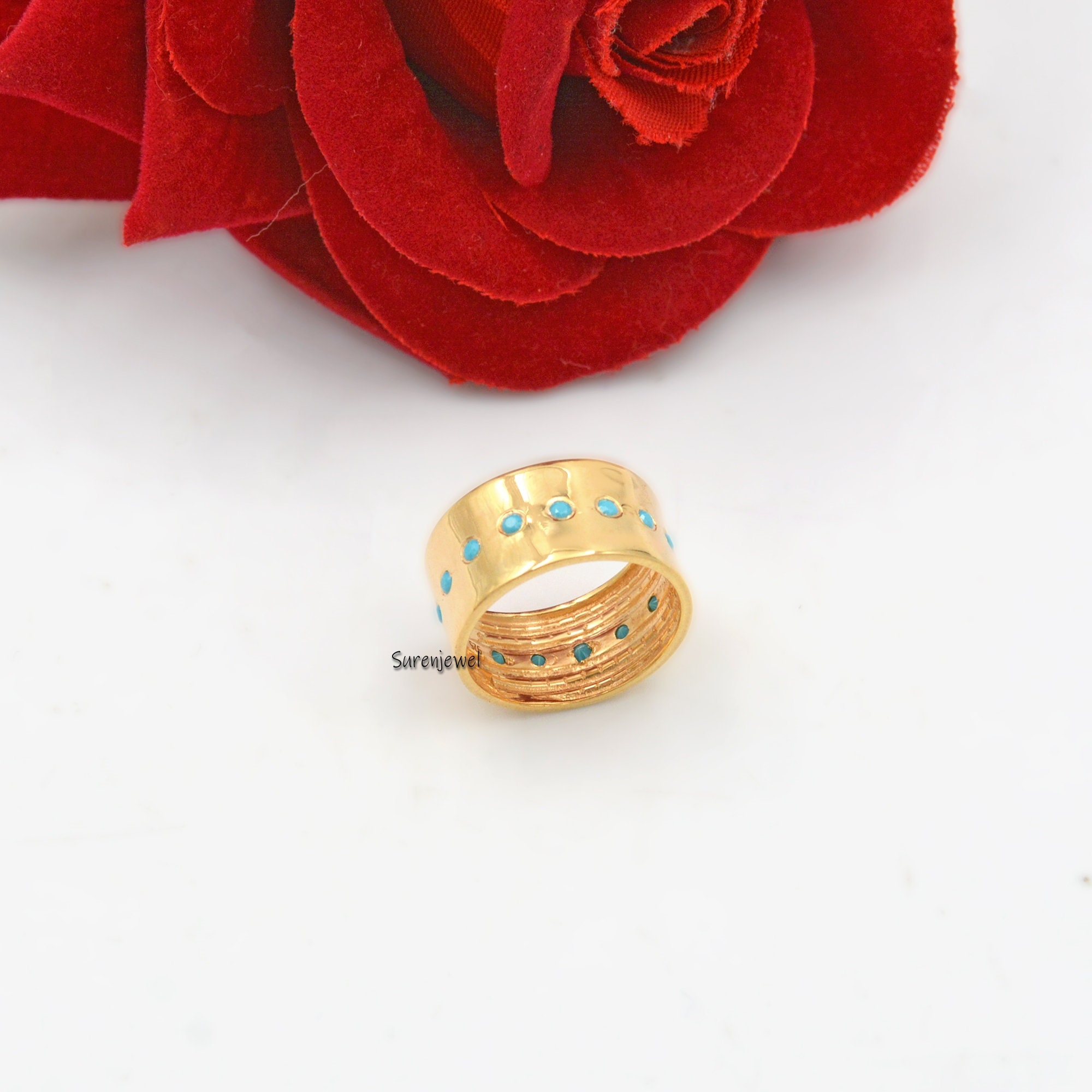 14k Gold Plated Diamond Cigar Ring, Wide 925 Silver Band - View 7 - Suren Jewels | SKU: SJR41-SLYGDI