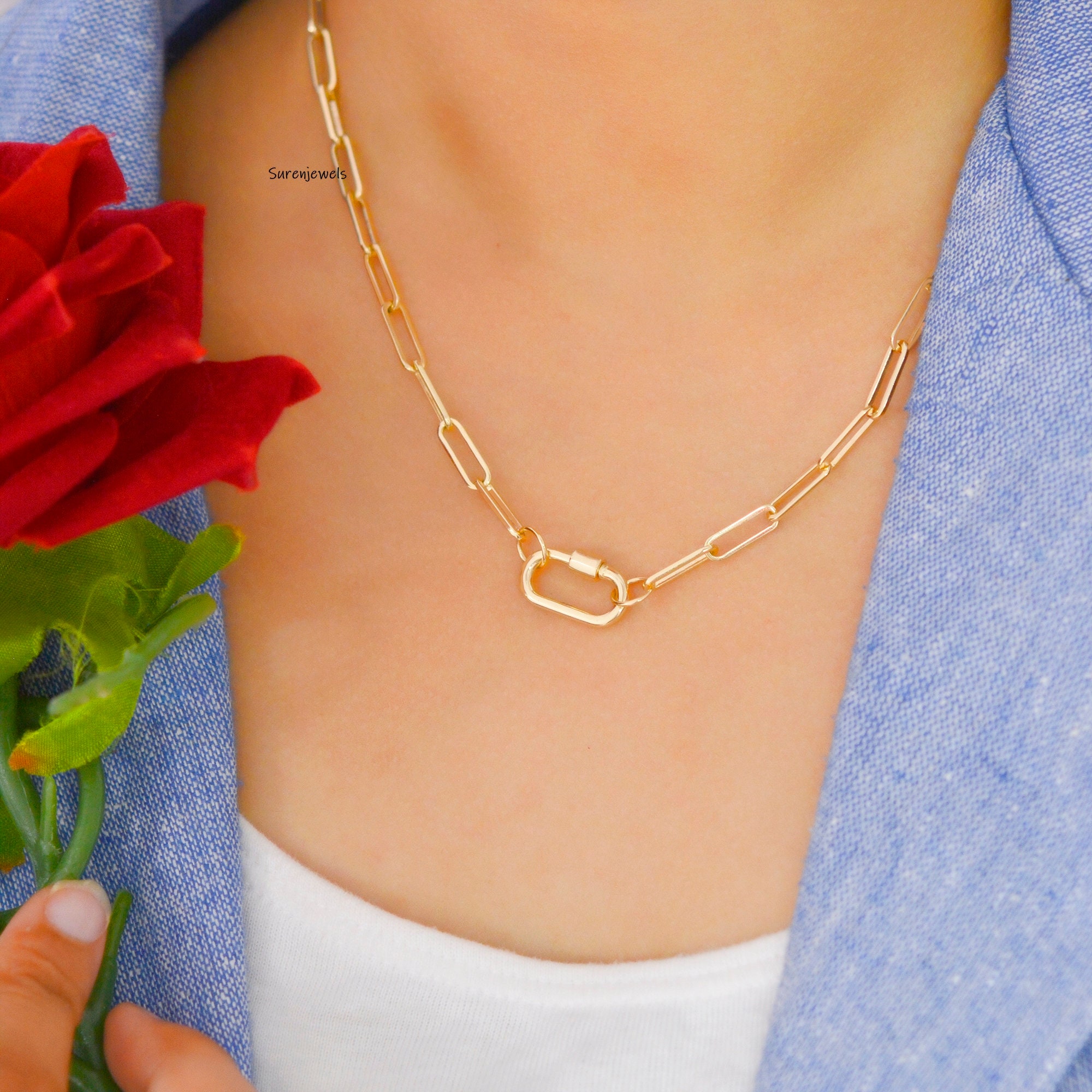 14K Gold Carabiner Necklace: Paperclip Chain Charm Holder - View 2 - Suren Jewels | SKU: SJC130-14KYG-18M-N210-18I